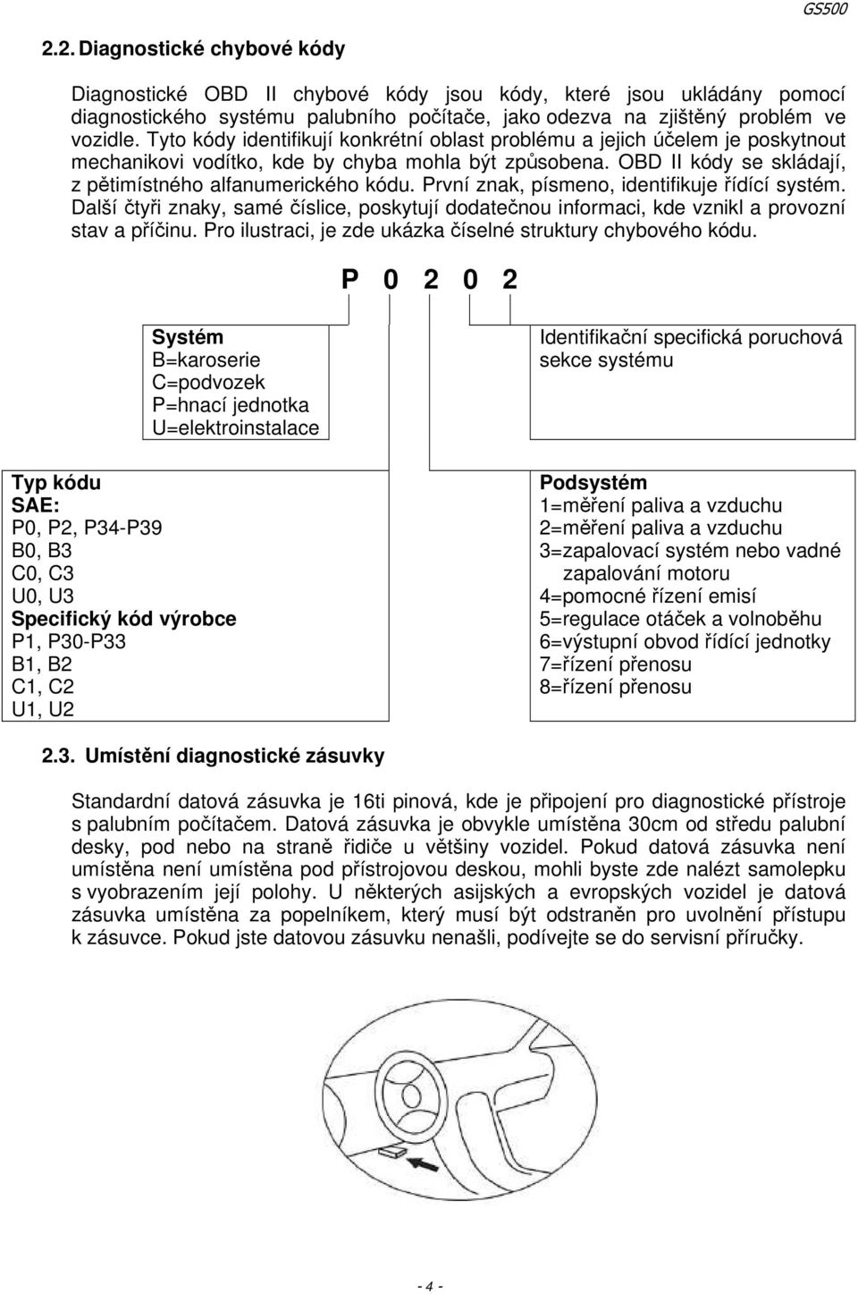 První znak, písmeno, identifikuje řídící systém. Další čtyři znaky, samé číslice, poskytují dodatečnou informaci, kde vznikl a provozní stav a příčinu.