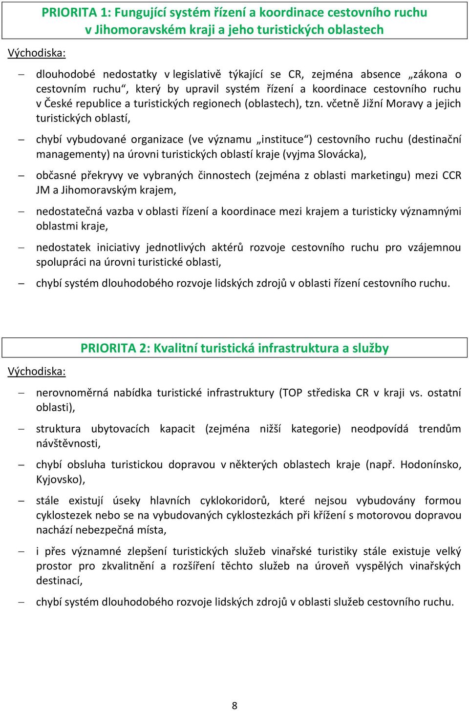 včetně Jižní Moravy a jejich turistických oblastí, chybí vybudované organizace (ve významu instituce ) cestovního ruchu (destinační managementy) na úrovni turistických oblastí kraje (vyjma Slovácka),