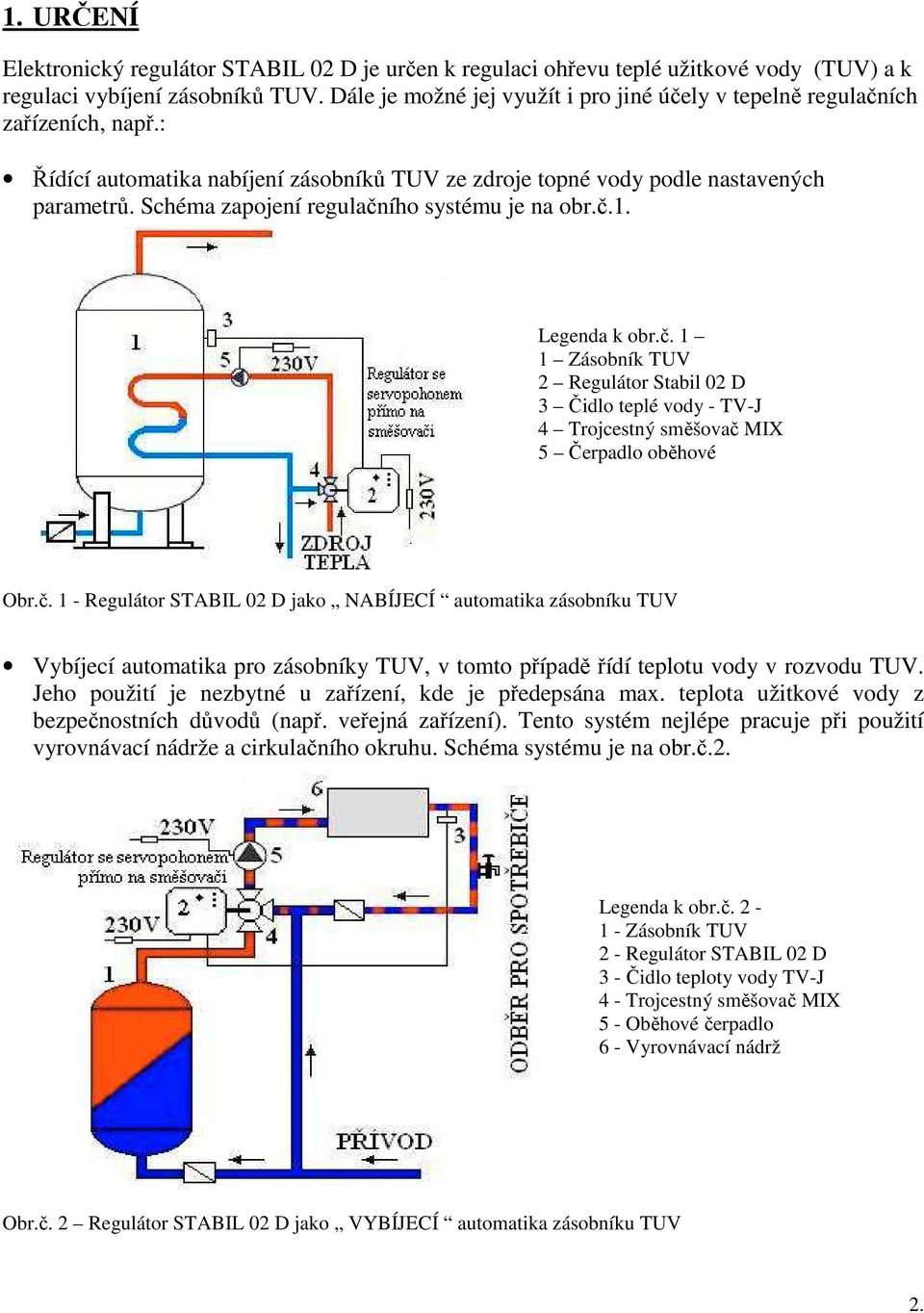 Schéma zapojení regulačního systému je na obr.č.1. Legenda k obr.č. 1 1 Zásobník TUV 2 Regulátor Stabil 02 D 3 Čidlo teplé vody - TV-J 4 Trojcestný směšovač MIX 5 Čerpadlo oběhové Obr.č. 1 - Regulátor STABIL 02 D jako NABÍJECÍ automatika zásobníku TUV Vybíjecí automatika pro zásobníky TUV, v tomto případě řídí teplotu vody v rozvodu TUV.