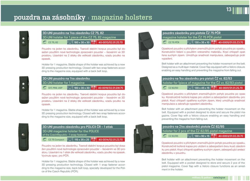 Uzavírání na 2 stisky dle velikosti zásobníku, vzadu poutko na opasek. Holster for 1 magazine. Stable shape of the holster was achieved by a new 3D pressing production technology.
