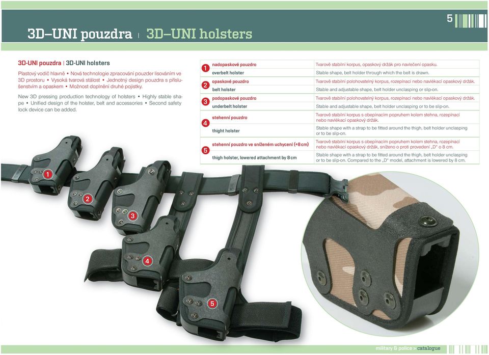New 3D pressing production technology of holsters Highly stable shape Unified design of the holster, belt and accessories Second safety lock device can be added.