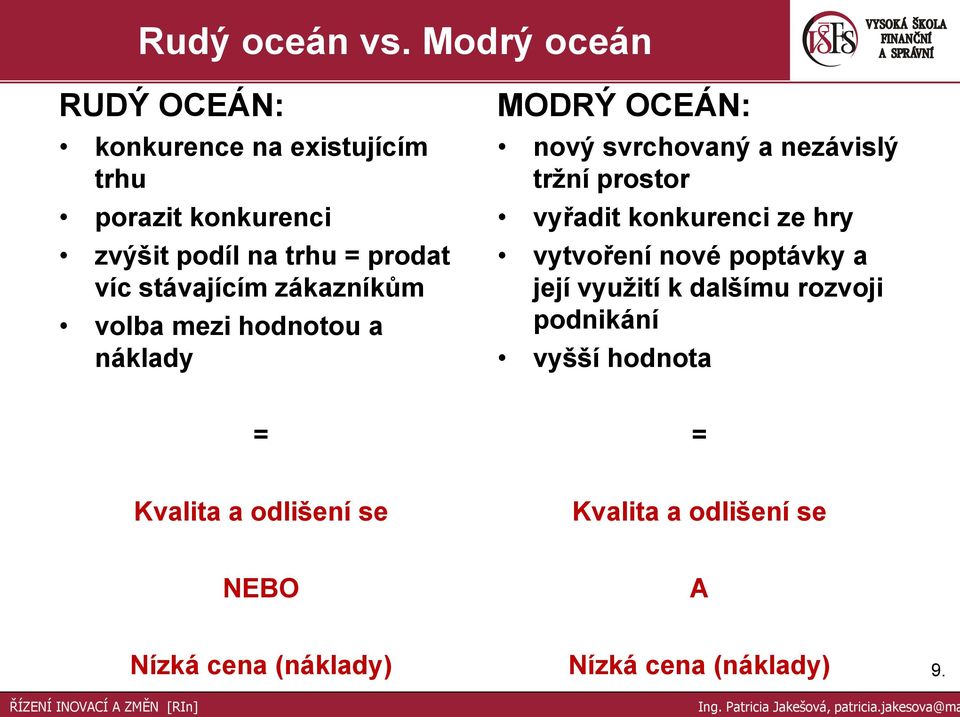 zákazníkům volba mezi hodnotou a náklady MODRÝ OCEÁN: nový svrchovaný a nezávislý tržní prostor vyřadit konkurenci ze