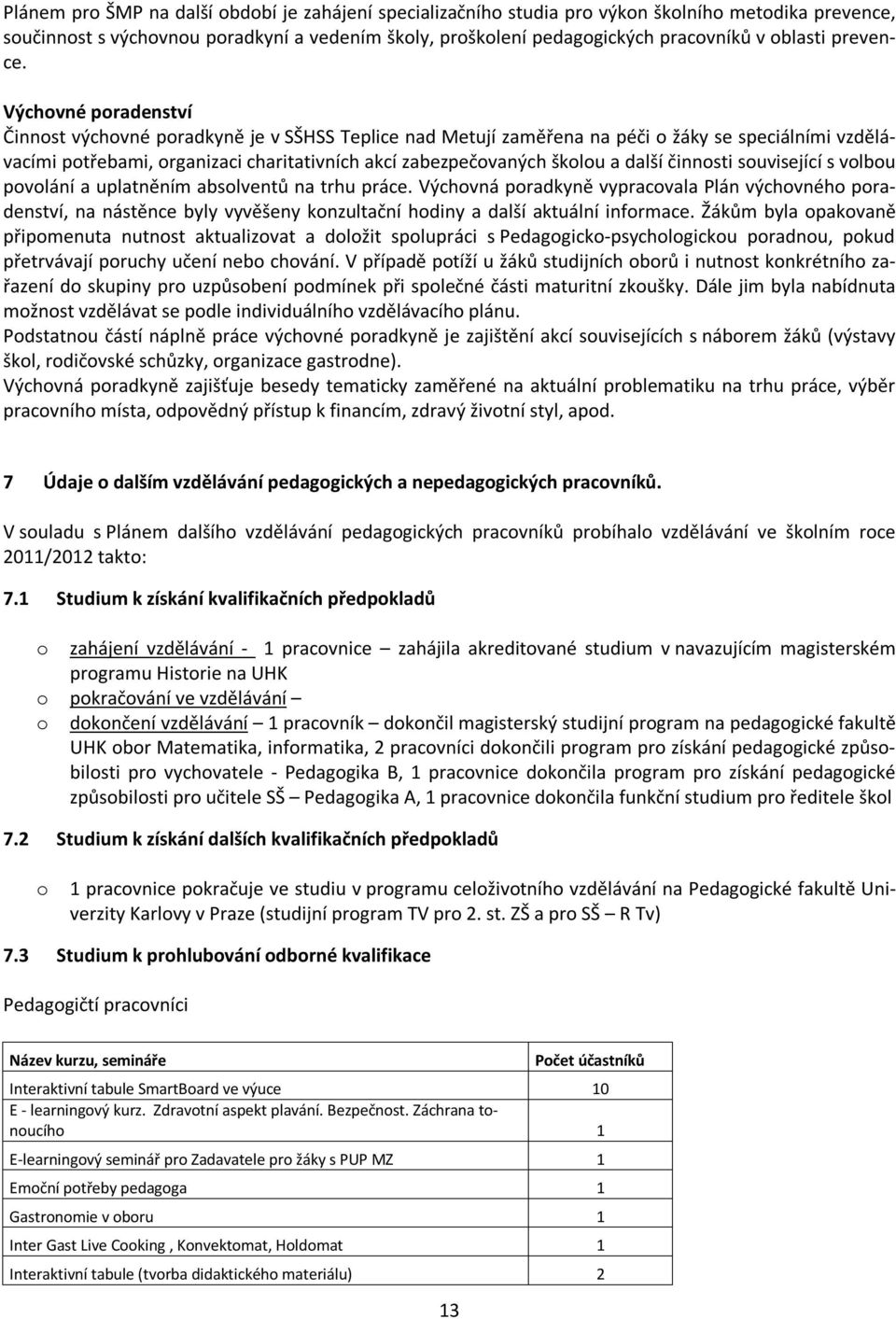 Výchovné poradenství Činnost výchovné poradkyně je v SŠHSS Teplice nad Metují zaměřena na péči o žáky se speciálními vzdělávacími potřebami, organizaci charitativních akcí zabezpečovaných školou a