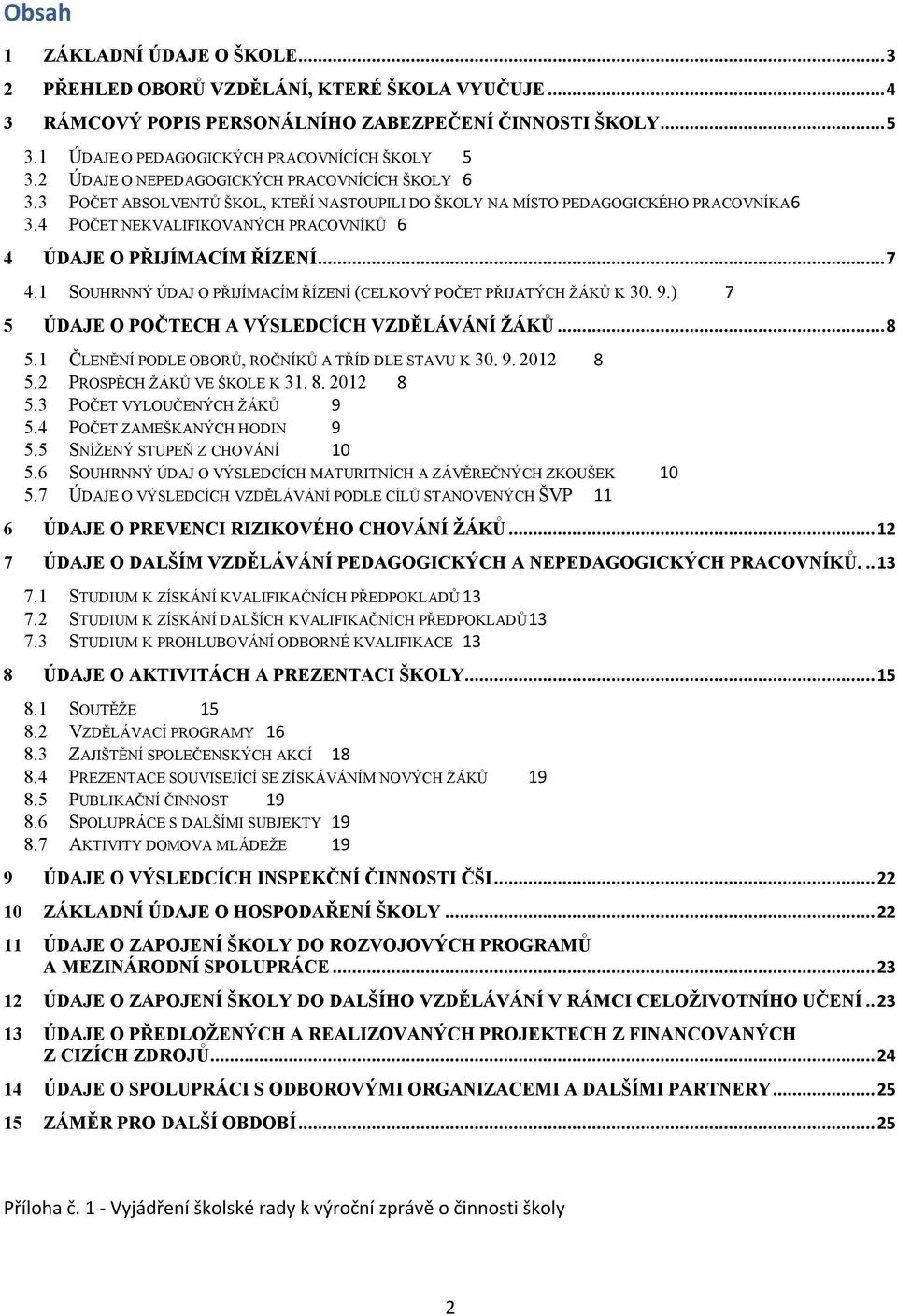 4 POČET NEKVALIFIKOVANÝCH PRACOVNÍKŮ 6 4 ÚDAJE O PŘIJÍMACÍM ŘÍZENÍ... 7 4.1 SOUHRNNÝ ÚDAJ O PŘIJÍMACÍM ŘÍZENÍ (CELKOVÝ POČET PŘIJATÝCH ŽÁKŮ K 30. 9.) 7 5 ÚDAJE O POČTECH A VÝSLEDCÍCH VZDĚLÁVÁNÍ ŽÁKŮ.