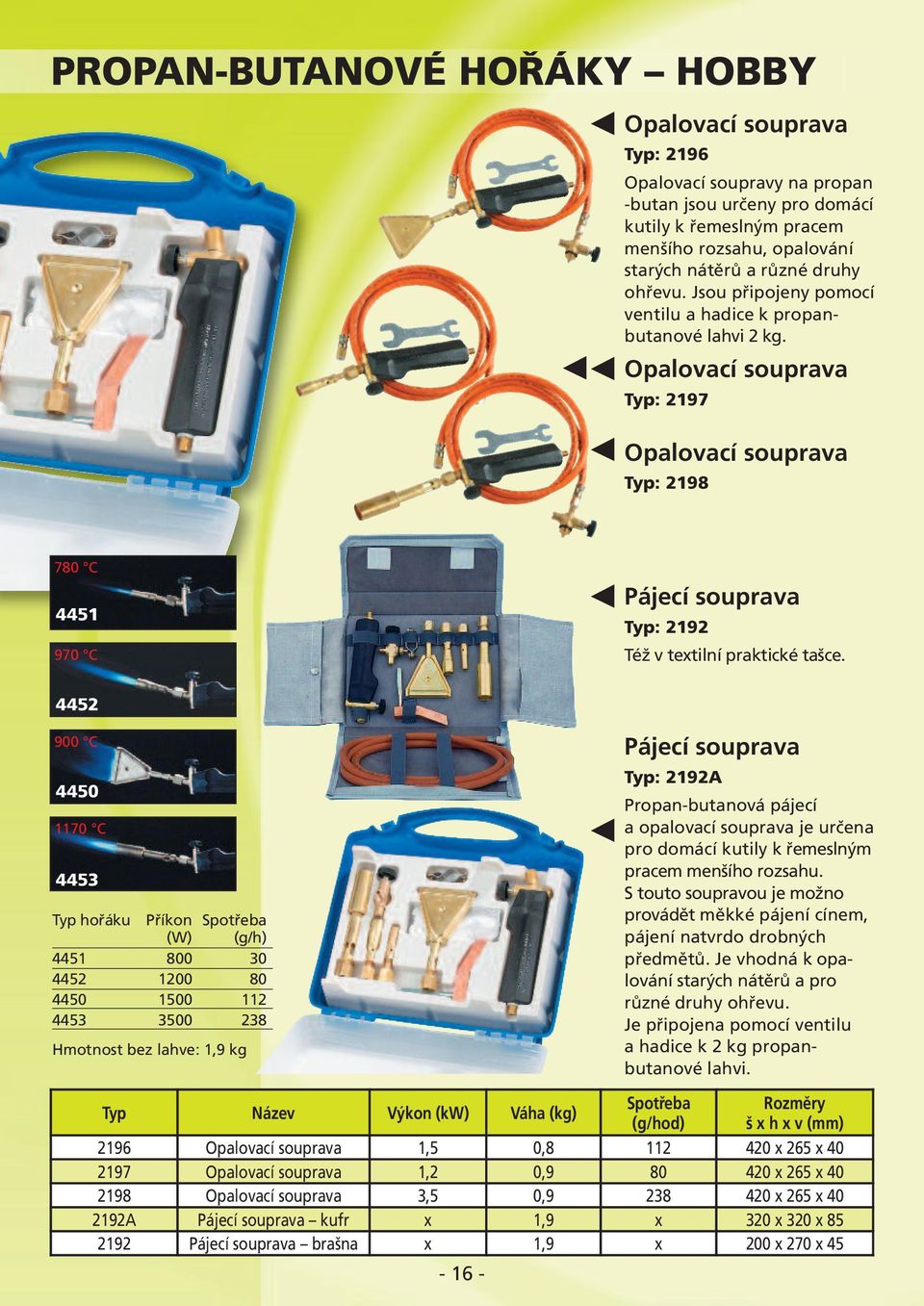 Opalovací souprava Typ: 2197 Opalovací souprava Typ: 2198 780 C 4451 970 C Pájecí souprava Typ: 2192 Též v textilní praktické tašce.