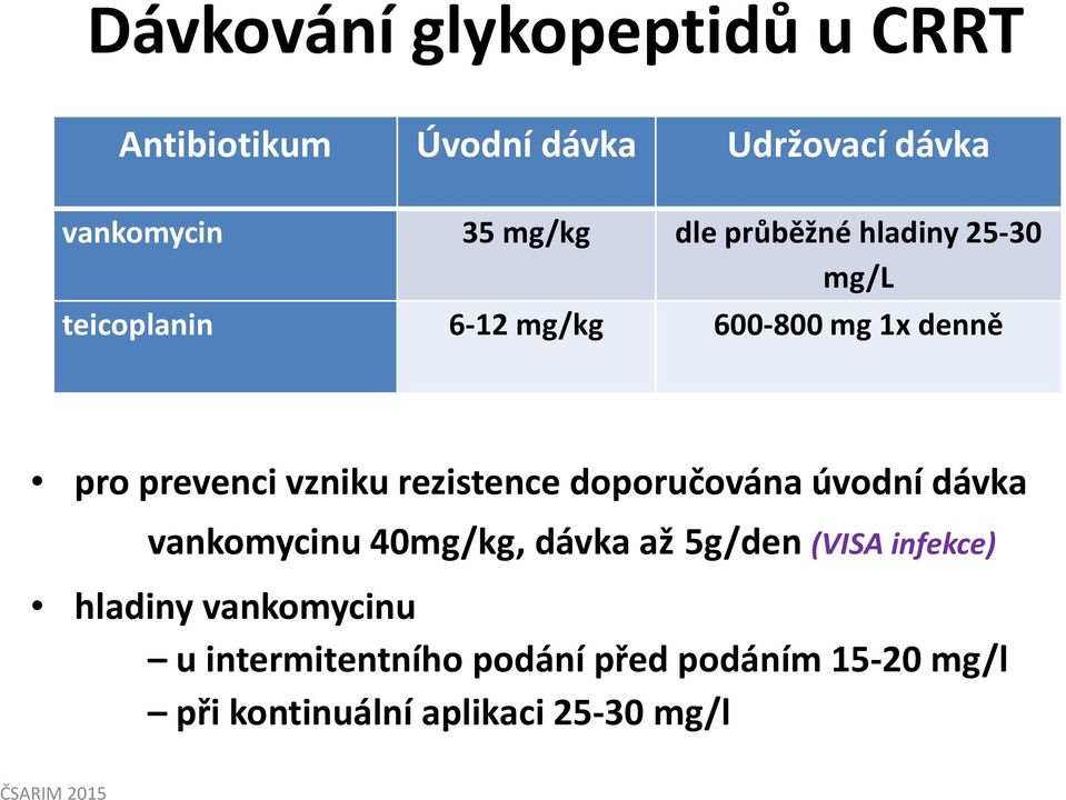 rezistence doporučována úvodní dávka vankomycinu 40mg/kg, dávka až 5g/den (VISA infekce)