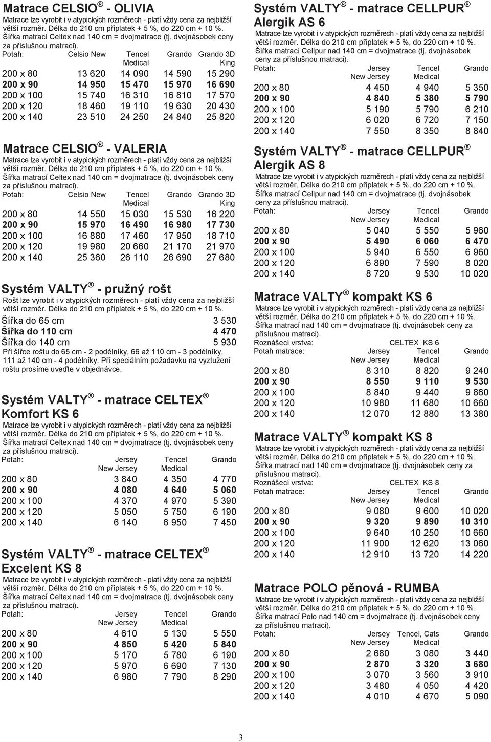 460 19 110 19 630 20 430 200 x 140 23 510 24 250 24 840 25 820 Matrace CELSIO - VALERIA Šířka matrací Celtex nad 140 cm = dvojmatrace (tj.