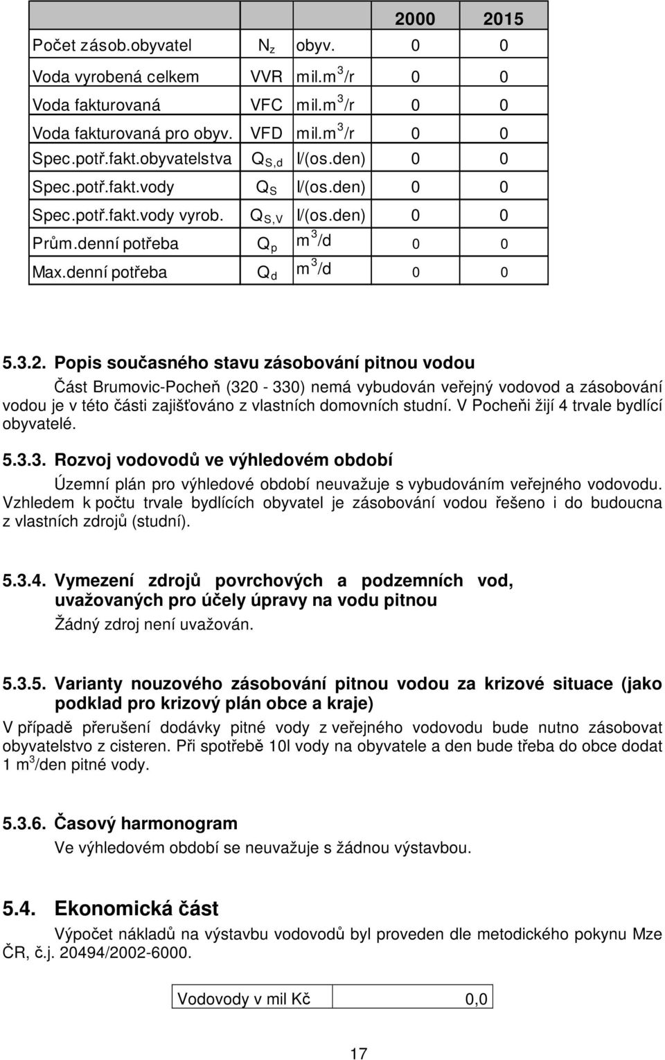 Popis současného stavu zásobování pitnou vodou Část Brumovic-Pocheň (320-330) nemá vybudován veřejný vodovod a zásobování vodou je v této části zajišťováno z vlastních domovních studní.