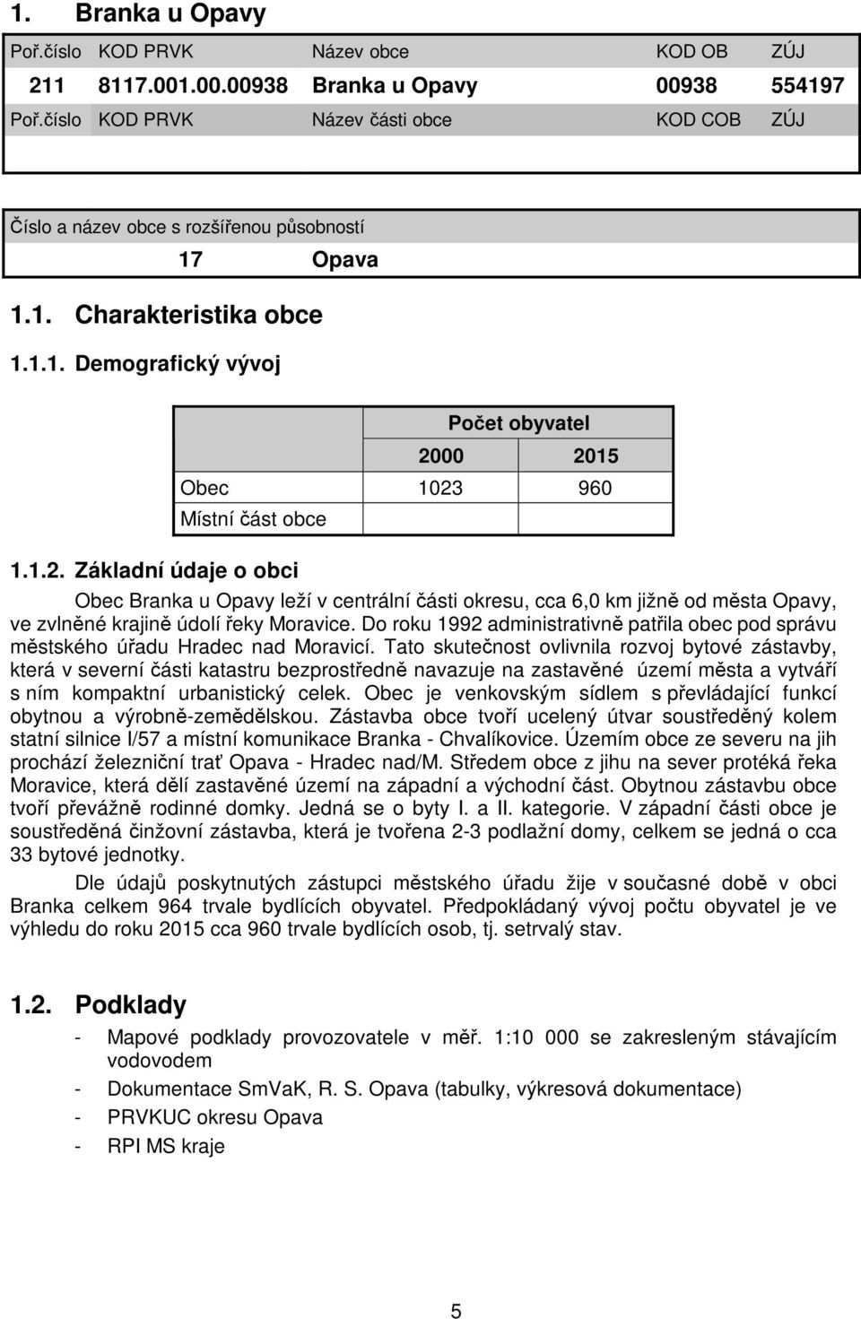 960 Místní část obce 1.1.2. Základní údaje o obci Obec Branka u Opavy leží v centrální části okresu, cca 6,0 km jižně od města Opavy, ve zvlněné krajině údolí řeky Moravice.