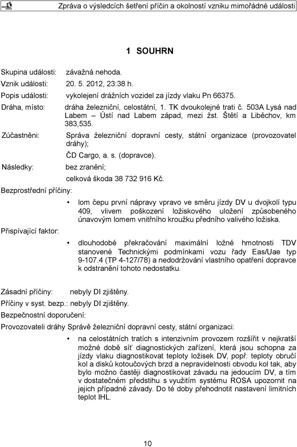 Štětí a Liběchov, km 383,535. Správa železniční dopravní cesty, státní organizace (provozovatel dráhy); ČD Cargo, a. s. (dopravce). bez zranění; celková škoda 38 732 916 Kč.