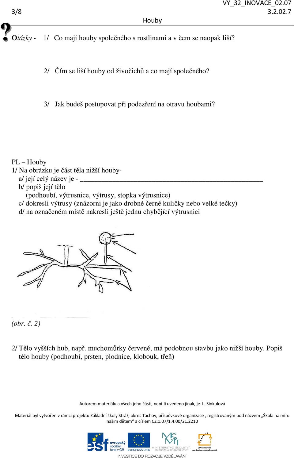 PL 1/ Na obrázku je část těla nižší houbya/ její celý název je - b/ popiš její tělo (podhoubí, výtrusnice, výtrusy, stopka výtrusnice) c/ dokresli výtrusy