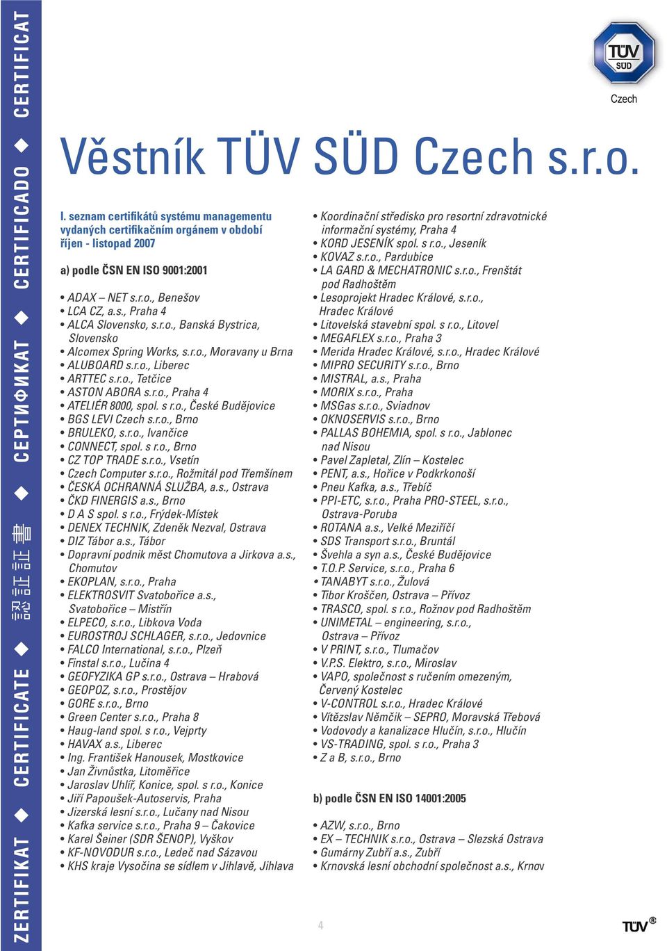 r.o., Brno BRULEKO, s.r.o., Ivančice CONNECT, spol. s r.o., Brno CZ TOP TRADE s.r.o., Vsetín Czech Computer s.r.o., Rožmitál pod Třemšínem ČESKÁ OCHRANNÁ SLUŽBA, a.s., Ostrava ČKD FINERGIS a.s., Brno D A S spol.