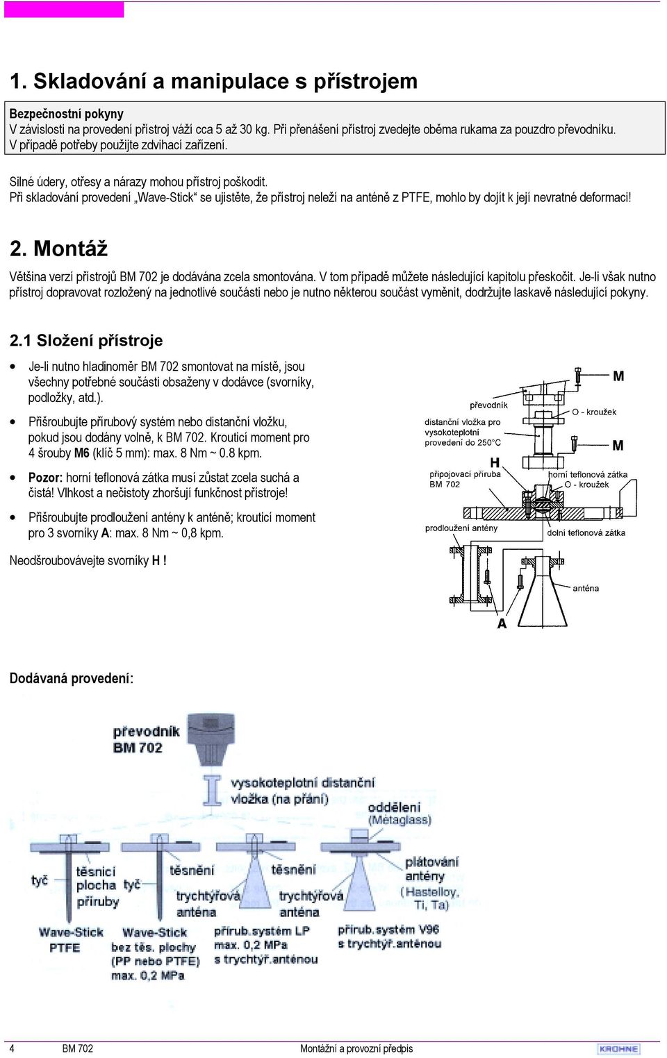 Při skladování provedení Wave-Stick se ujistěte, že přístroj neleží na anténě z PTFE, mohlo by dojít k její nevratné deformaci! 2. Montáž Většina verzí přístrojů BM 702 je dodávána zcela smontována.