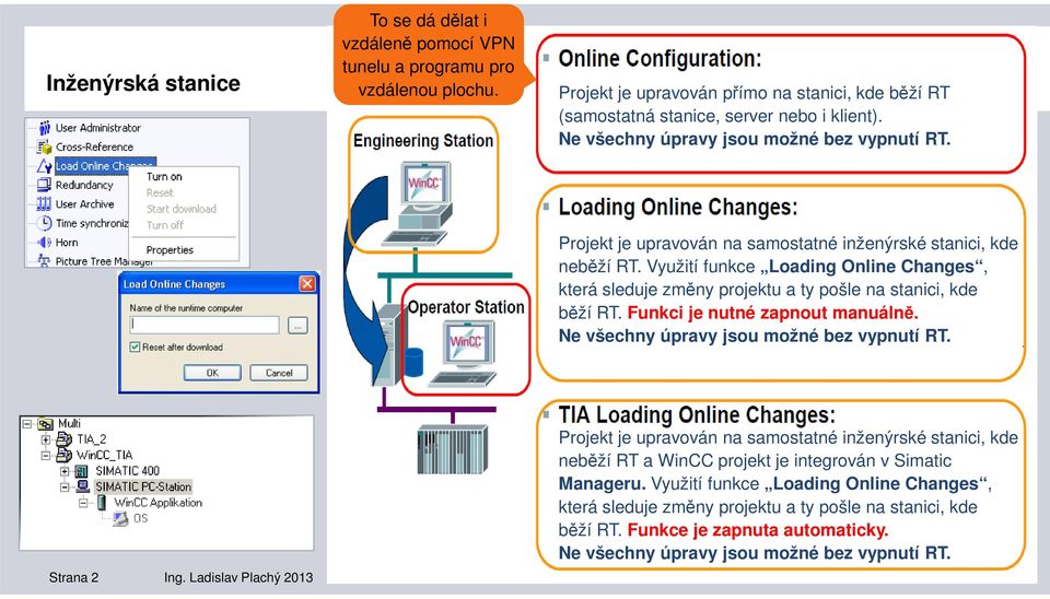 Využití funkce Loading Online Changes, která sleduje změny projektu a ty pošle na stanici, kde běží RT. Funkci je nutné zapnout manuálně. Ne všechny úpravy jsou možné bez vypnutí RT. Strana 2 Ing.