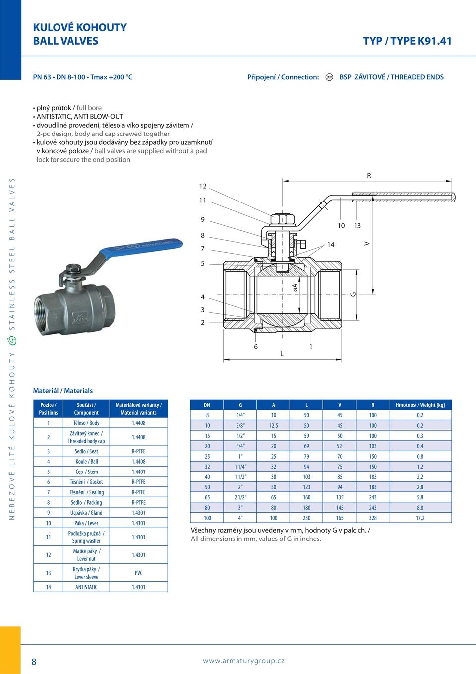 body and cap screwed together kulové kohouty jsou dodávány bez západky pro uzamknutí v koncové poloze / ball valves are supplied without a pad lock for secure the end position Materiál / Materials