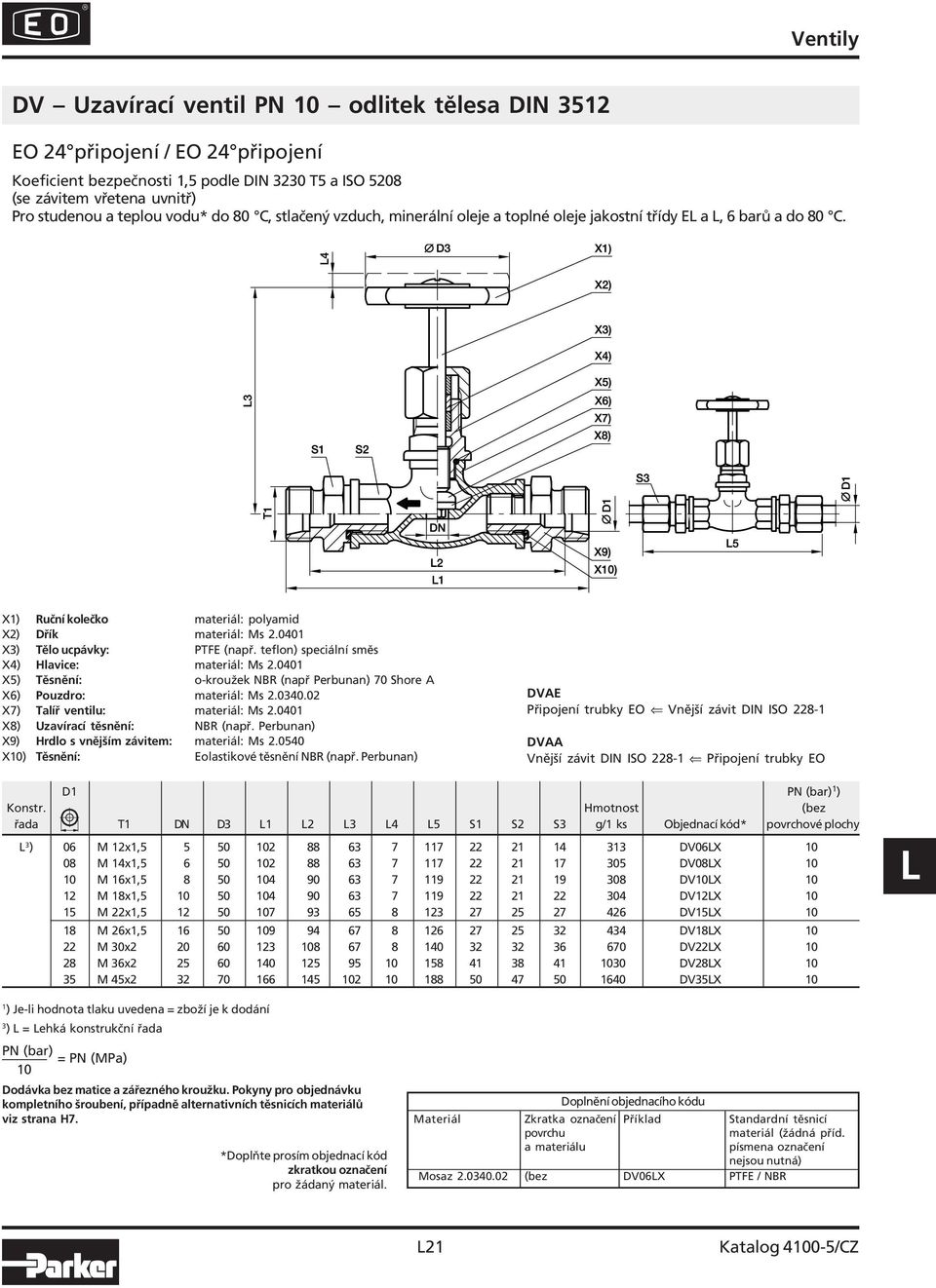 teflon) speciální směs X4) Hlavice: materiál: Ms 2.040 X5) Těsnění: o kroužek NBR (např Perbunan) 70 Shore A X6) Pouzdro: materiál: Ms 2.0340.02 X7) Talíř ventilu: materiál: Ms 2.