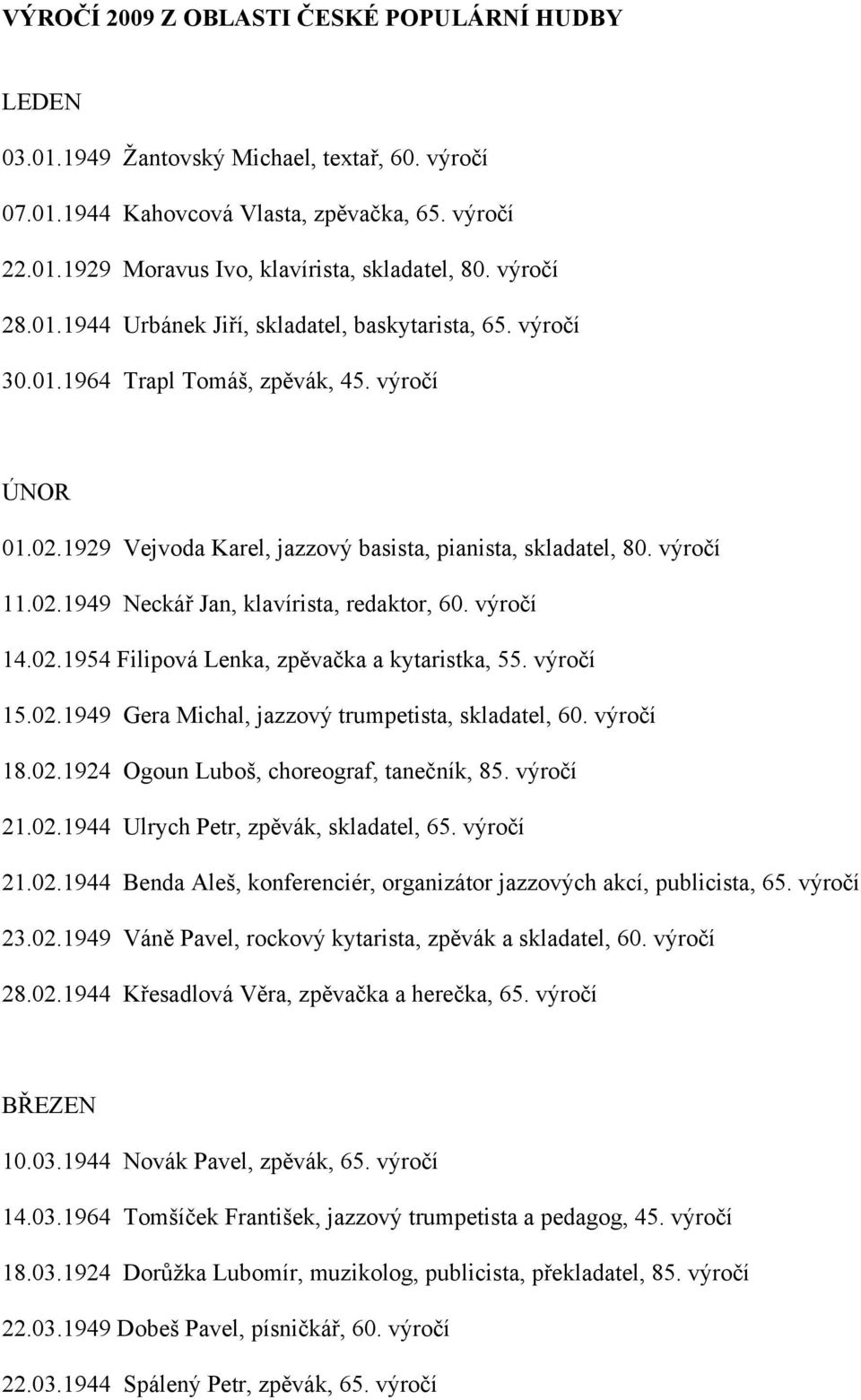 výročí 14.02.1954 Filipová Lenka, zpěvačka a kytaristka, 55. výročí 15.02.1949 Gera Michal, jazzový trumpetista, skladatel, 60. výročí 18.02.1924 Ogoun Luboš, choreograf, tanečník, 85. výročí 21.02.1944 Ulrych Petr, zpěvák, skladatel, 65.