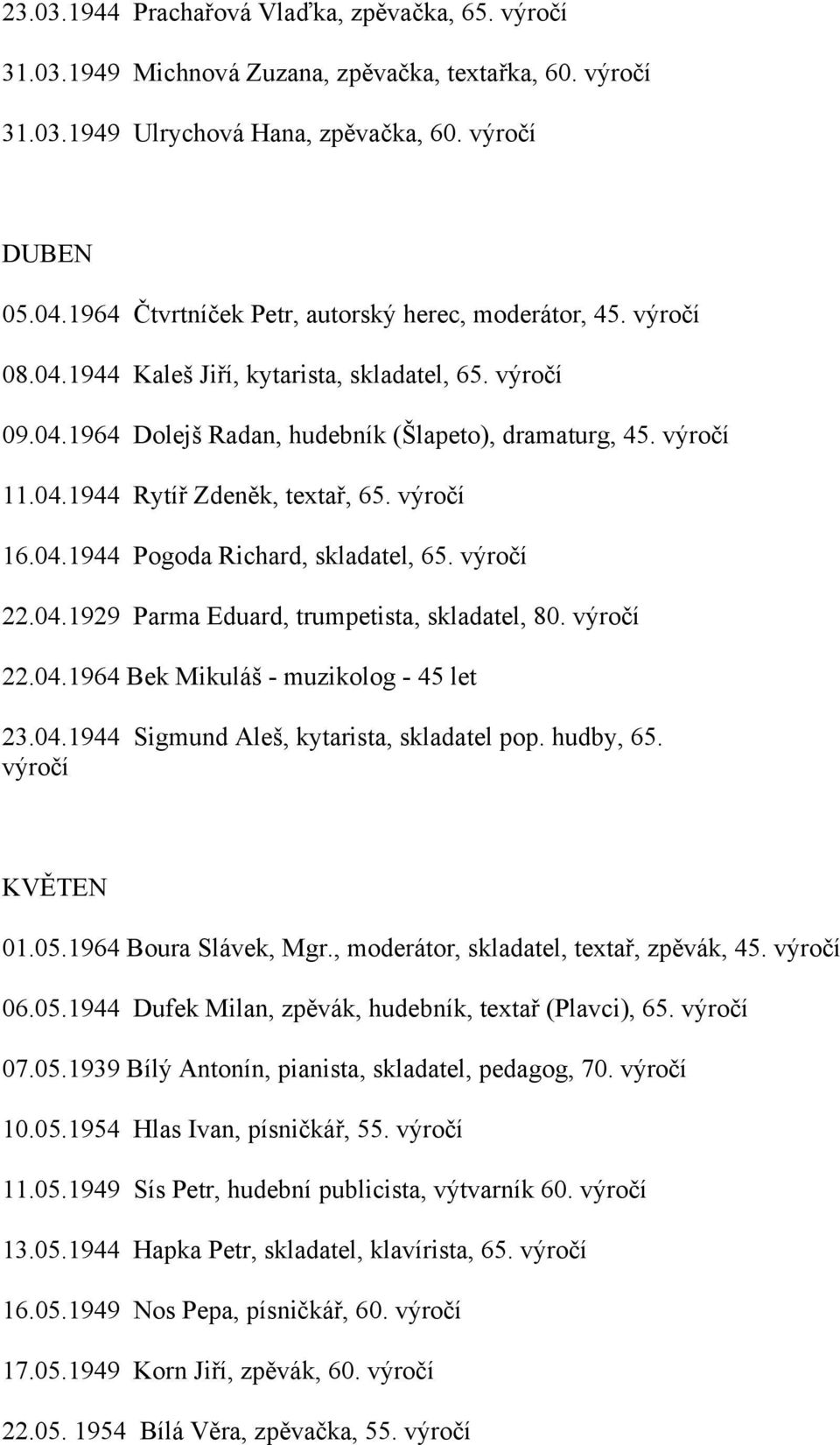 výročí 16.04.1944 Pogoda Richard, skladatel, 65. výročí 22.04.1929 Parma Eduard, trumpetista, skladatel, 80. výročí 22.04.1964 Bek Mikuláš - muzikolog - 45 let 23.04.1944 Sigmund Aleš, kytarista, skladatel pop.