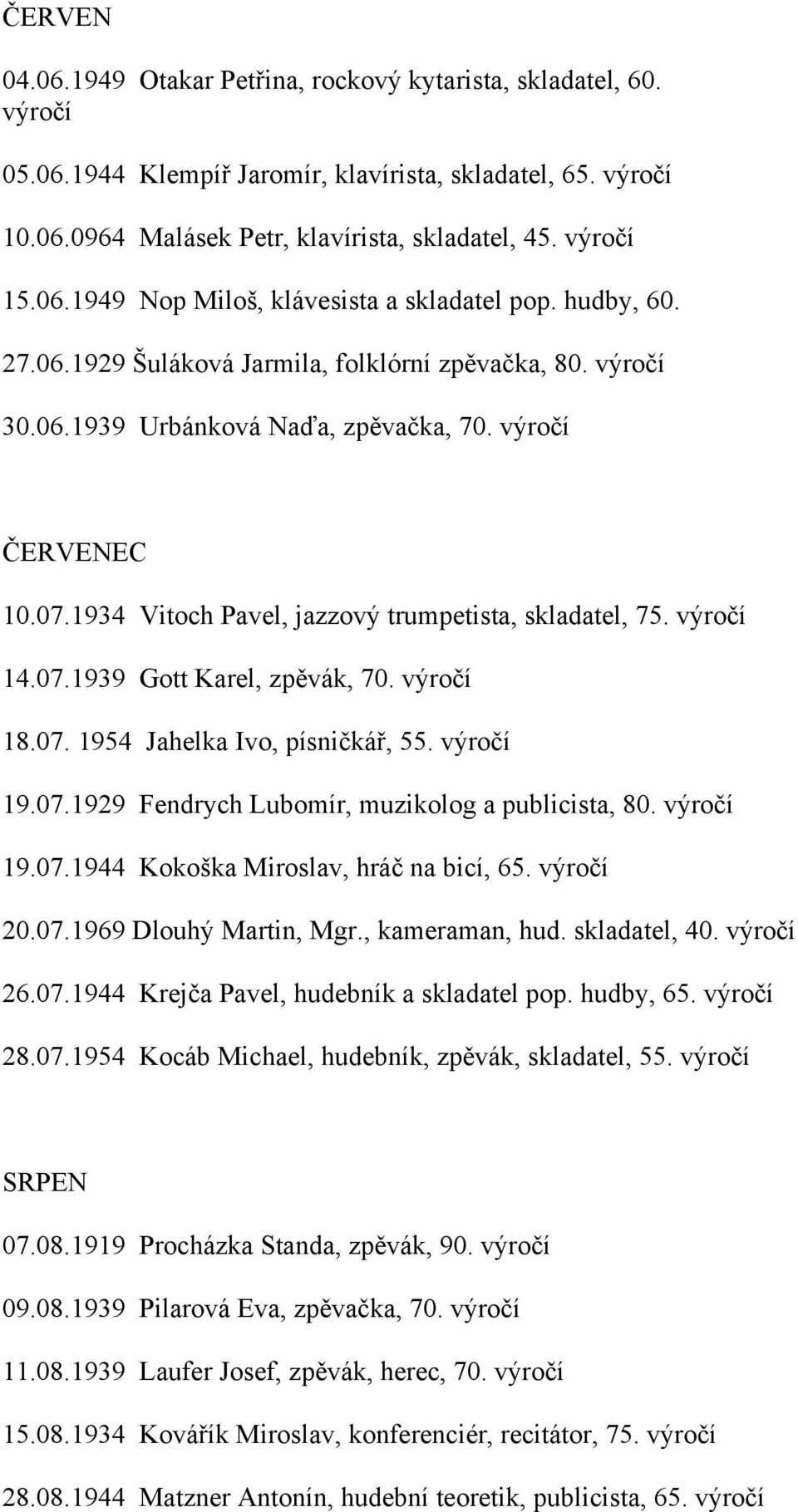 1934 Vitoch Pavel, jazzový trumpetista, skladatel, 75. výročí 14.07.1939 Gott Karel, zpěvák, 70. výročí 18.07. 1954 Jahelka Ivo, písničkář, 55. výročí 19.07.1929 Fendrych Lubomír, muzikolog a publicista, 80.