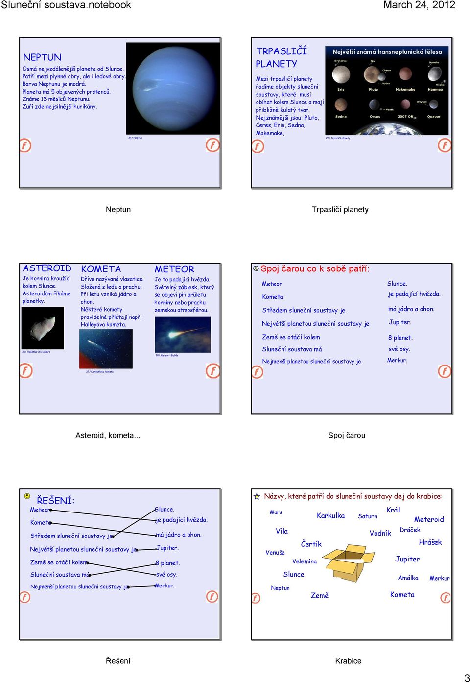 Trpasličí planety ASTEROID Je hornina kroužící kolem Ě Asteroidům įíkáme planetkyě KOMETA Dįíve nazývaná vlasaticeě Složená z ledu a prachuě Pįi letu vzniká jádro a ohoně Nğkteré komety pravidelnğ