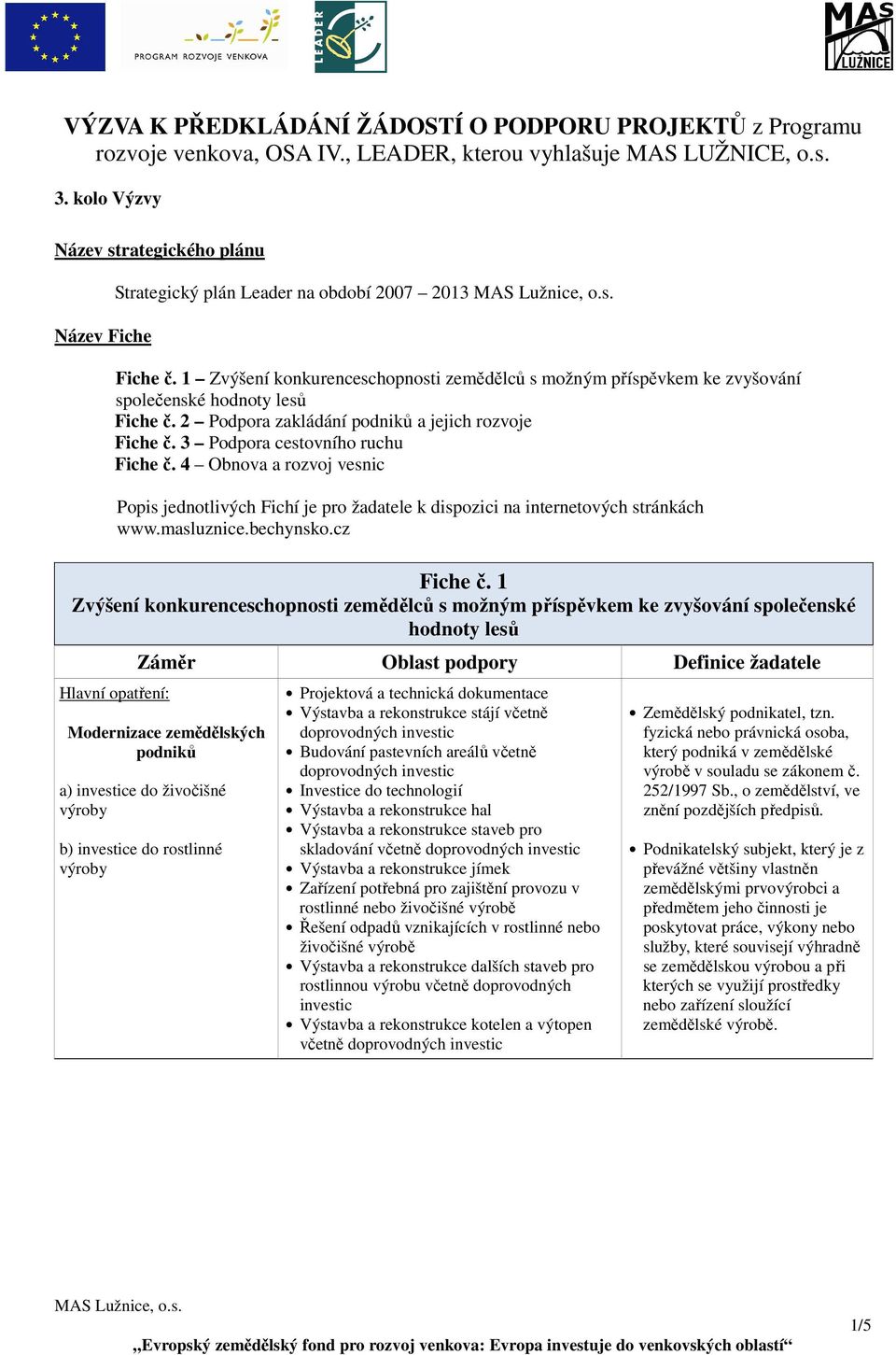 1 Zvýšení konkurenceschopnosti zemědělců s možným příspěvkem ke zvyšování společenské hodnoty lesů Fiche č. 2 Podpora zakládání podniků a jejich rozvoje Fiche č. 3 Podpora cestovního ruchu Fiche č.