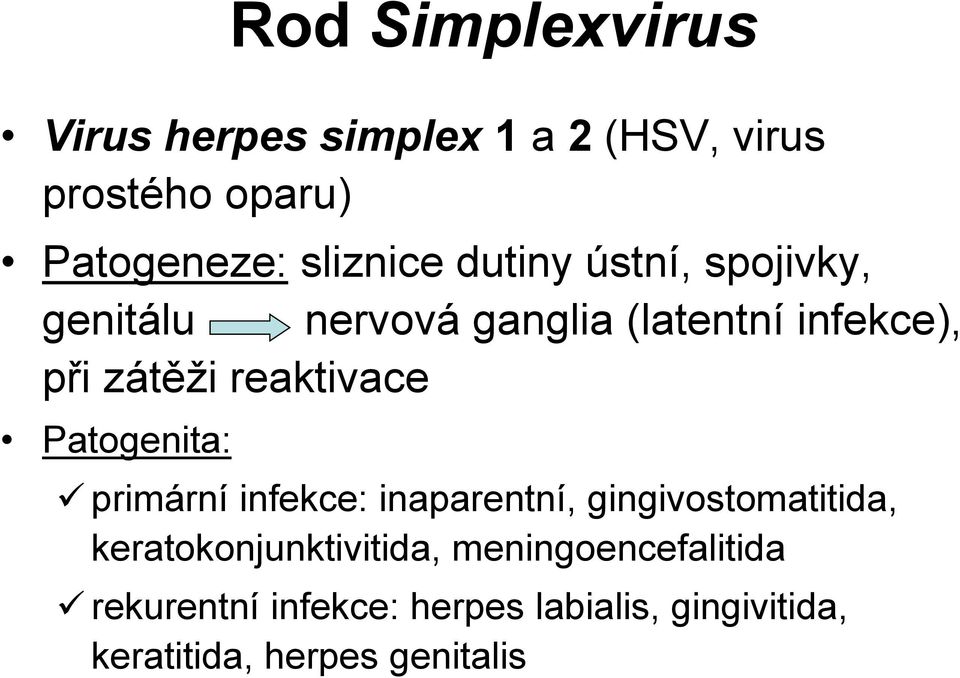 reaktivace Patogenita: primární infekce: inaparentní, gingivostomatitida,