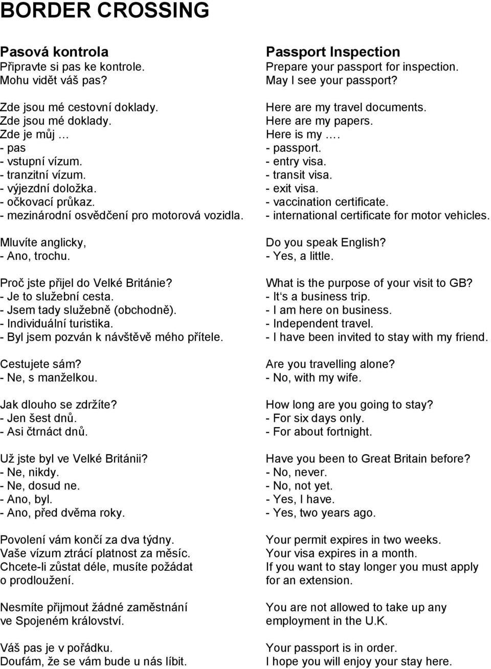 - exit visa. - očkovací průkaz. - vaccination certificate. - mezinárodní osvědčení pro motorová vozidla. - international certificate for motor vehicles. Mluvíte anglicky, Do you speak English?