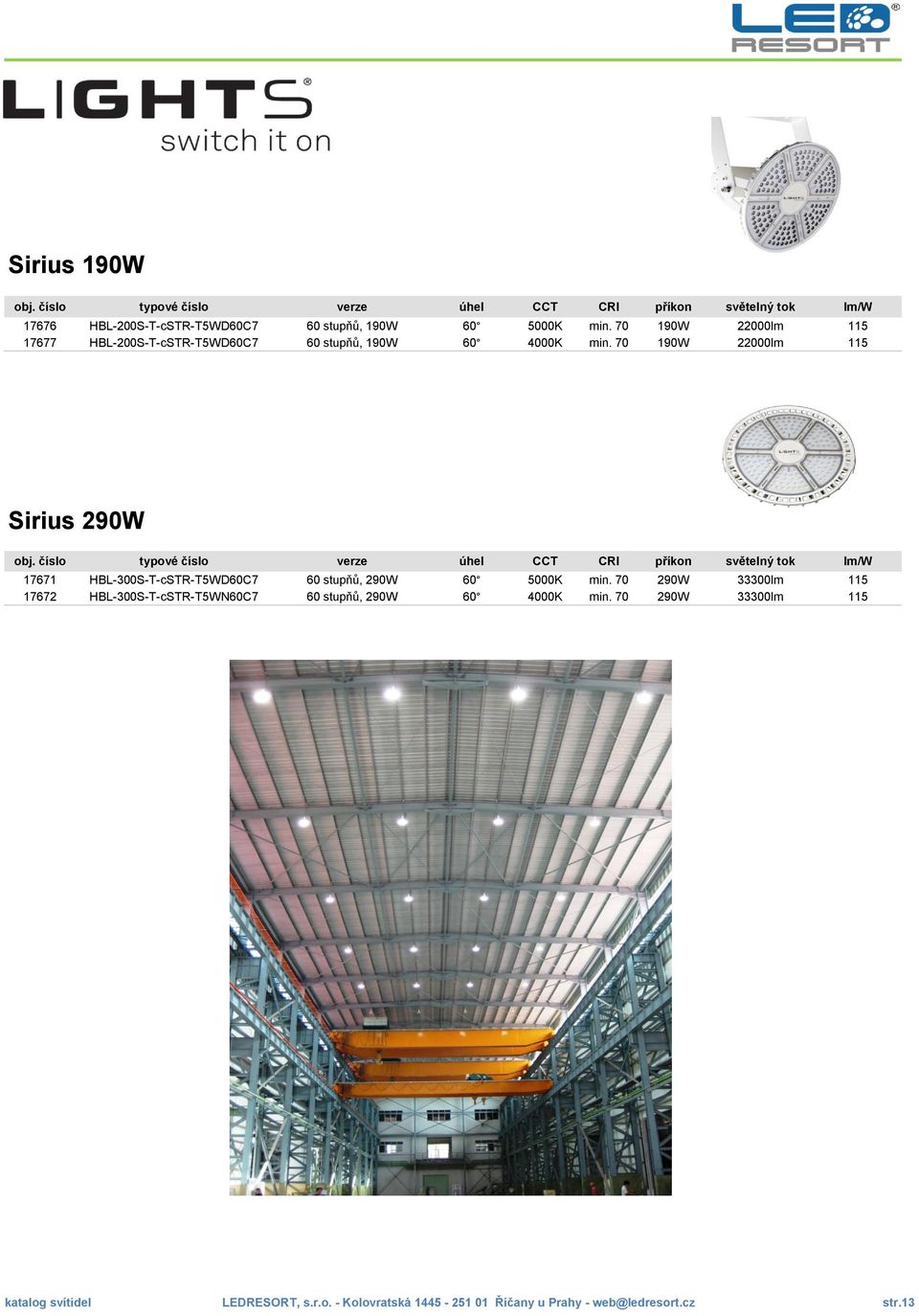 70 190W 22000lm 115 Sirius 290W 17671 HBL-300S-T-cSTR-T5WD60C7 60 stupňů, 290W 60 5000K min.