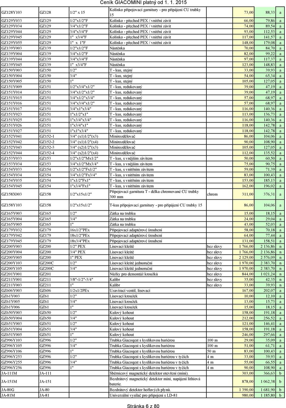 vnitřní závit 117,00 141,57 a GZ129Y055 GZ129 1" x 1"F Kolínko - přechod PEX / vnitřní závit 148,00 179,08 a GZ139Y003 GZ139 1/2"x1/2"F Nástěnka 70,00 84,70 a GZ139Y004 GZ139 3/4"x1/2"F Nástěnka