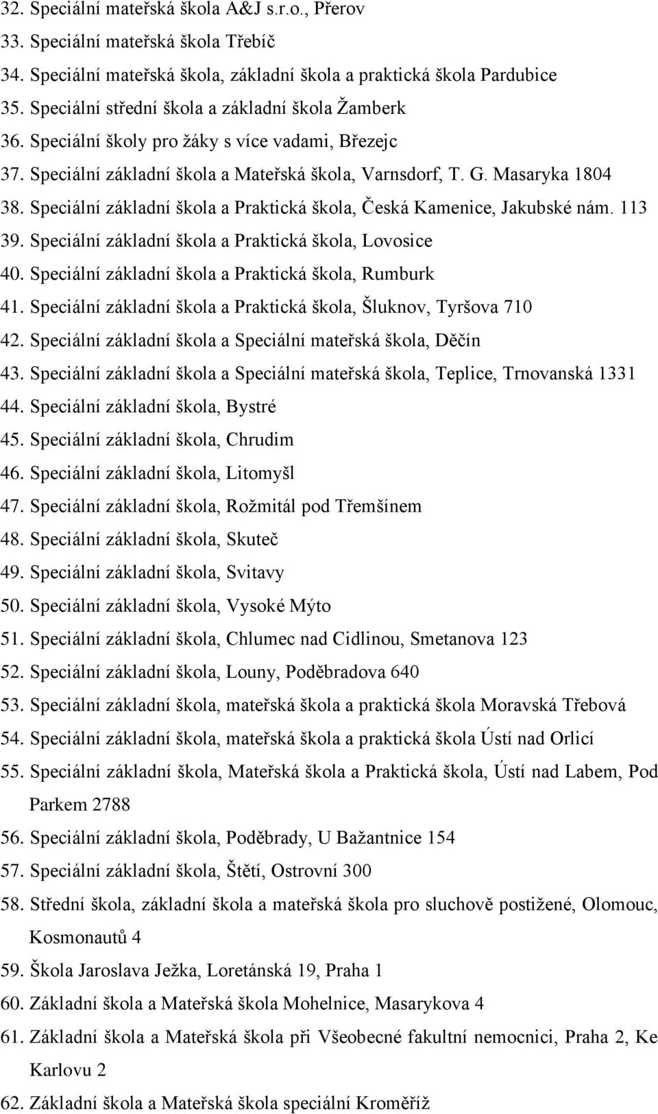 Speciální základní škola a Praktická škola, Česká Kamenice, Jakubské nám. 113 39. Speciální základní škola a Praktická škola, Lovosice 40. Speciální základní škola a Praktická škola, Rumburk 41.