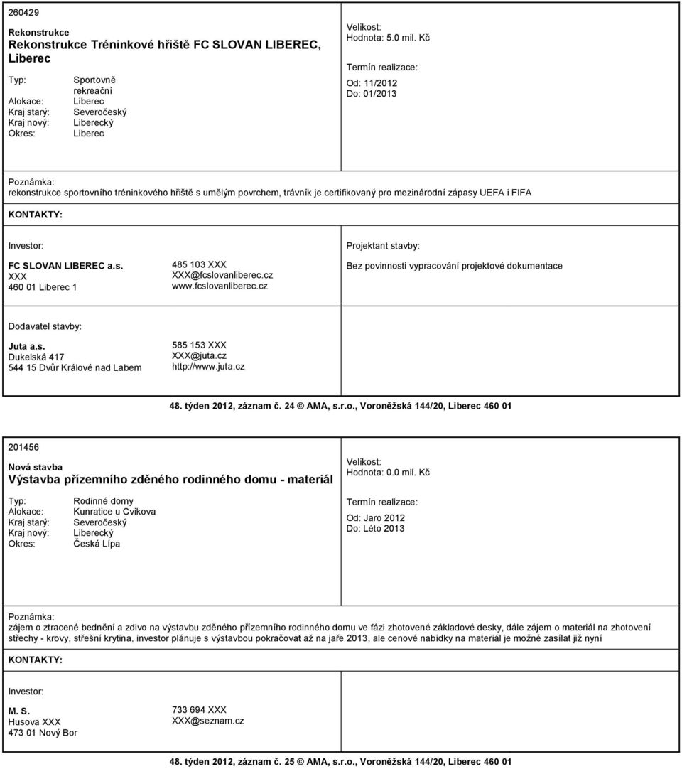 cz www.fcslovanliberec.cz Bez povinnosti vypracování projektové dokumentace Juta a.s. Dukelská 417 544 15 Dvůr Králové nad Labem 585 153 XXX XXX@juta.cz http://www.juta.cz 48. týden 2012, záznam č.