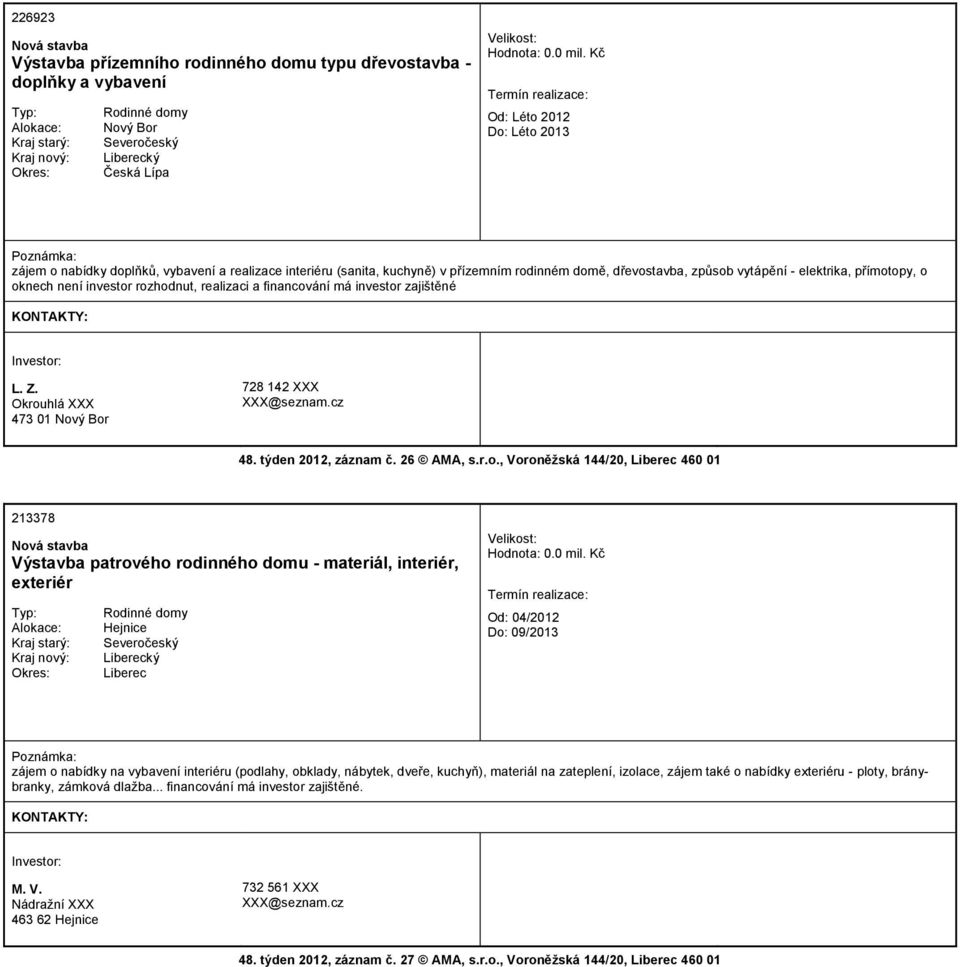 investor rozhodnut, realizaci a financování má investor zajištěné L. Z. Okrouhlá XXX 473 01 Nový Bor 728 142 XXX XXX@seznam.cz 48. týden 2012, záznam č. 26 AMA, s.r.o., Voroněžská 144/20, 460 01 213378 Výstavba patrového rodinného domu - materiál, interiér, exteriér Rodinné domy Hejnice Hodnota: 0.