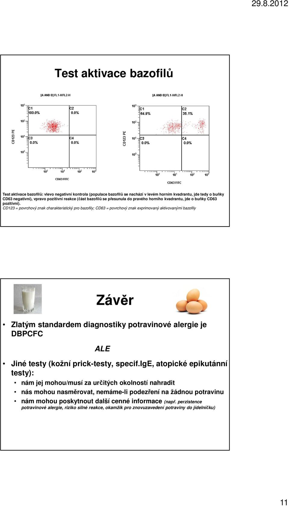 CD123 = povrchový znak charakteristický pro bazofily; CD63 = povrchový znak exprimovaný aktivovanými bazofily Závěr Zlatým standardem diagnostiky potravinové alergie je DBPCFC ALE Jiné testy (kožní