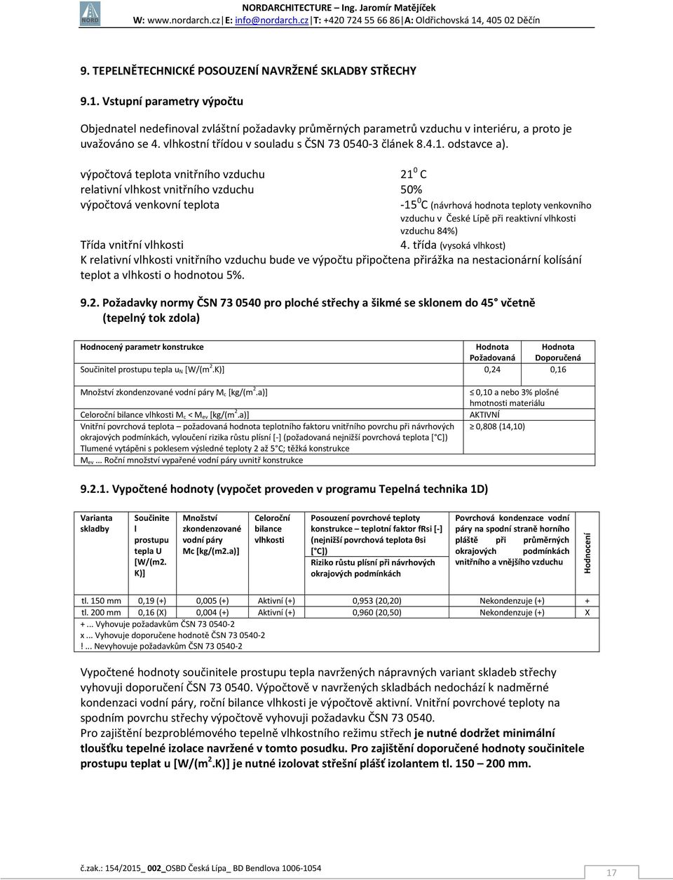 výpočtová teplota vnitřního vzduchu 21 0 C relativní vlhkost vnitřního vzduchu 50% výpočtová venkovní teplota -15 0 C (návrhová hodnota teploty venkovního vzduchu v České Lípě při reaktivní vlhkosti