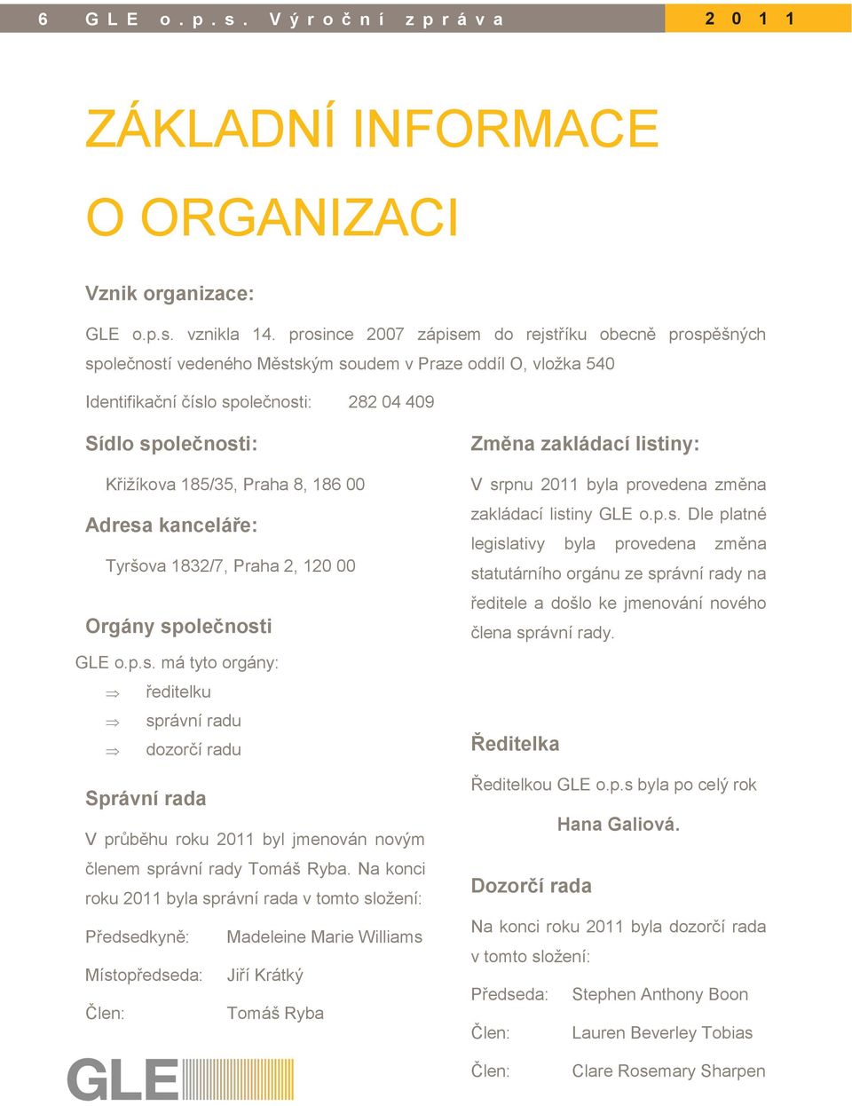 Praha 8, 186 00 Adresa kanceláře: Tyršova 1832/7, Praha 2, 120 00 Orgány společnosti GLE o.p.s. má tyto orgány: ředitelku správní radu dozorčí radu Správní rada V průběhu roku 2011 byl jmenován novým členem správní rady Tomáš Ryba.
