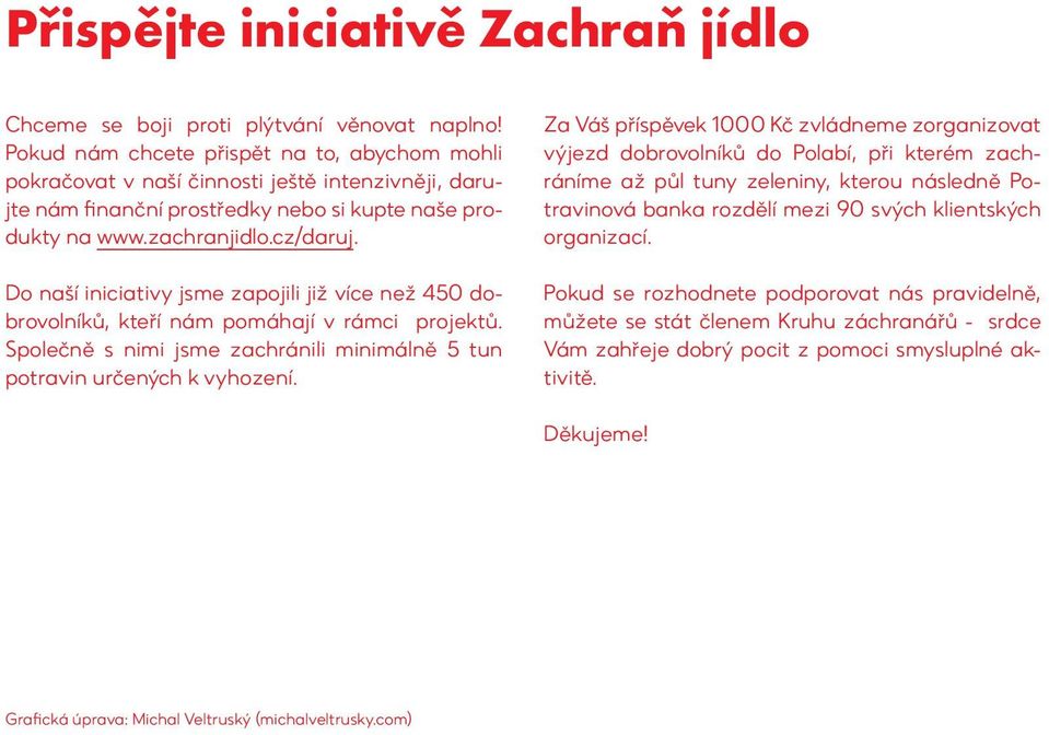 Do naší iniciativy jsme zapojili již více než 450 dobrovolníků, kteří nám pomáhají v rámci projektů. Společně s nimi jsme zachránili minimálně 5 tun potravin určených k vyhození.