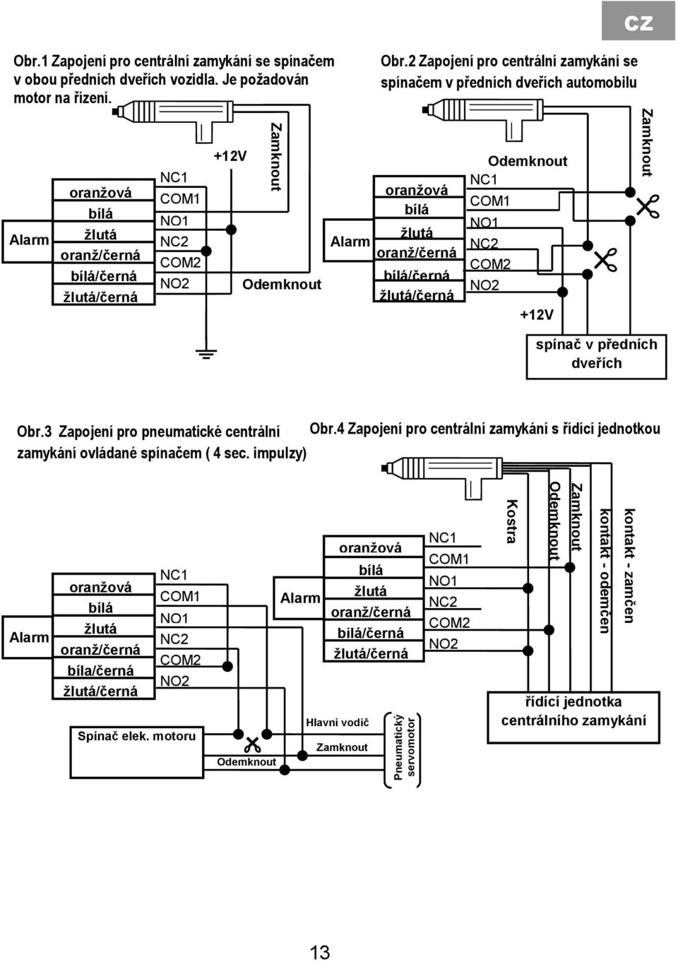 2 Zapojení pro centrální zamykání se spínačem v předních dveřích automobilu Alarm oranžová bílá žlutá oranž/černá bílá/černá žlutá/černá NC1 COM1 NO1 NC2 COM2 NO2 +12V Odemknout Alarm oranžová bílá