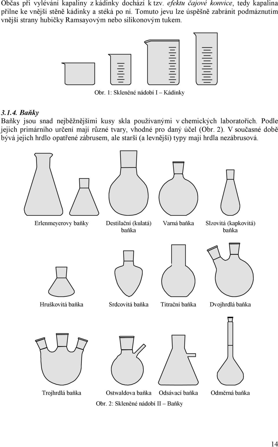 Baňky Baňky jsou snad nejběžnějšími kusy skla používanými v chemických laboratořích. Podle jejich primárního určení mají různé tvary, vhodné pro daný účel (Obr. 2).