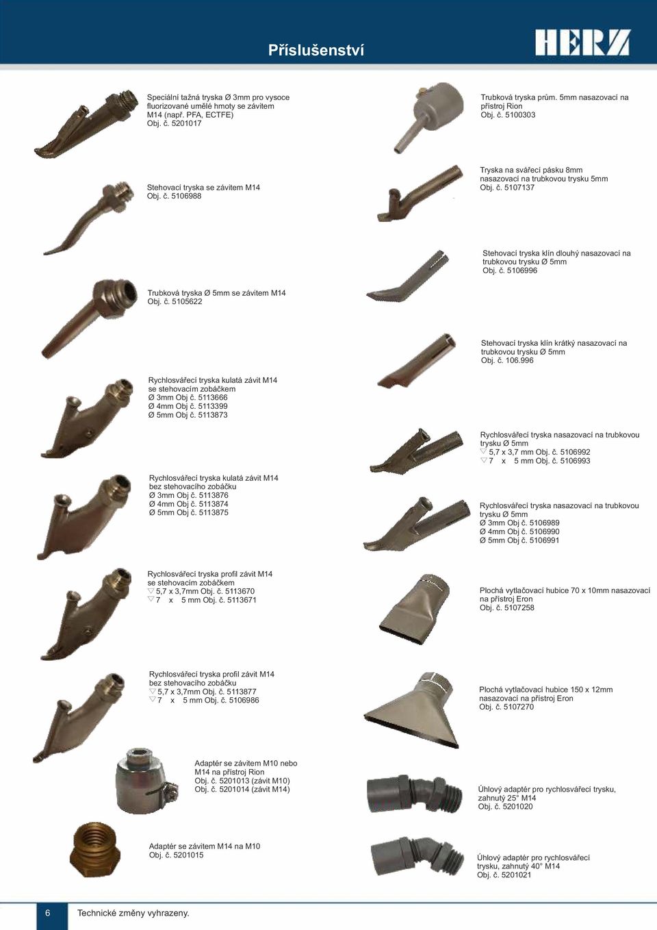 č. 5105622 Stehovací tryska klín krátký nasazovací na trubkovou trysku Ø 5mm Obj. č. 106.996 Rychlosvářecí tryska kulatá závit M14 se stehovacím zobáčkem Ø 3mm Obj č. 5113666 Ø 4mm Obj č.