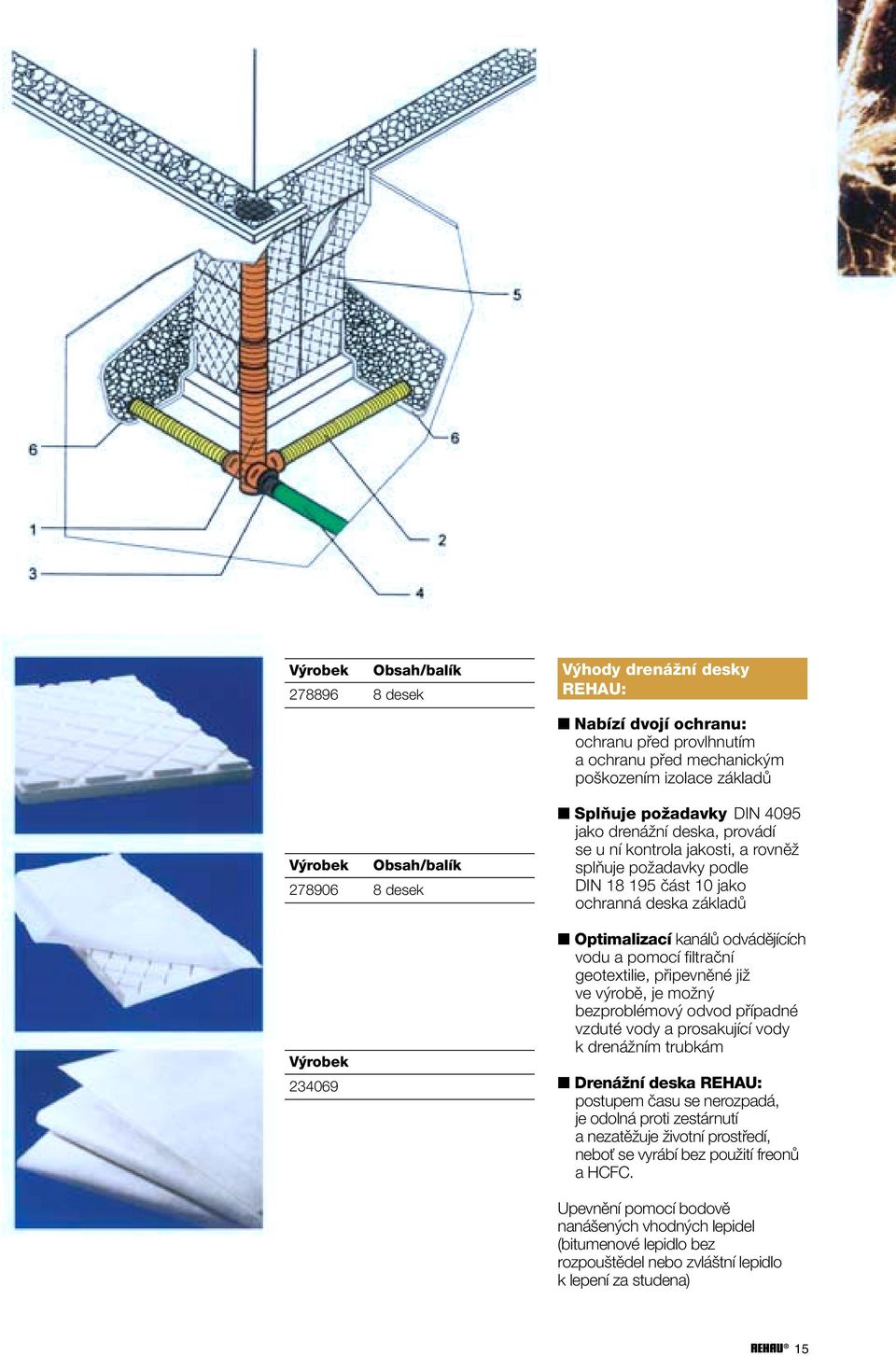 kanálû odvádûjících vodu a pomocí filtraãní geotextilie, pfiipevnûné jiï ve v robû, je moïn bezproblémov odvod pfiípadné vzduté vody a prosakující vody k drenáïním trubkám DrenáÏní deska REHAU: