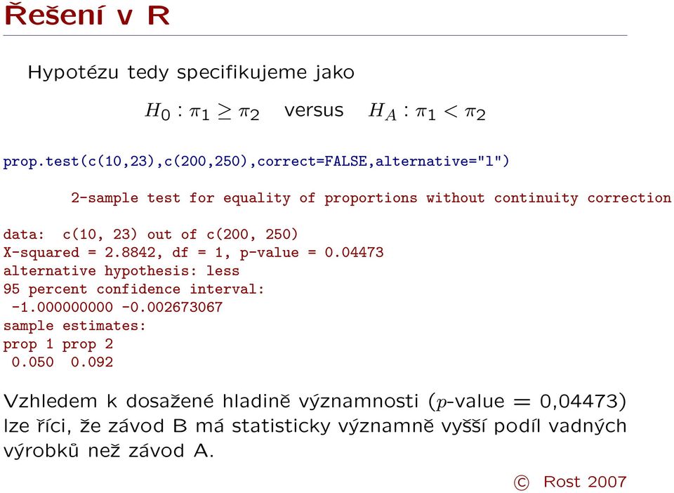 23) out of c(200, 250) X-squared = 2.8842, df = 1, p-value = 0.04473 alternative hypothesis: less 95 percent confidence interval: -1.