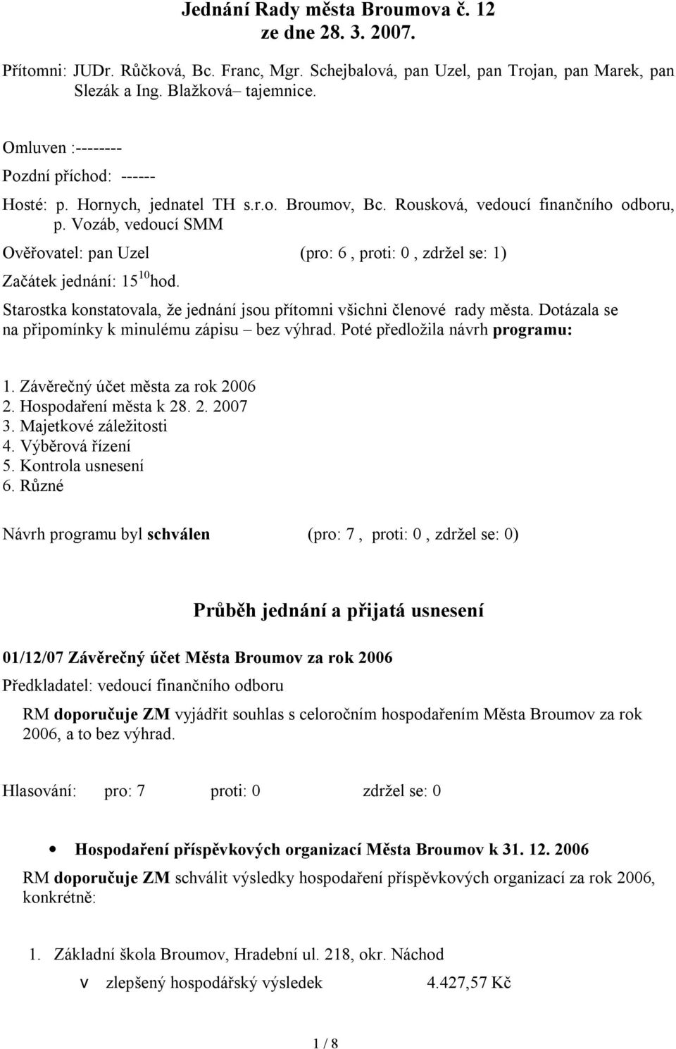 Vozáb, vedoucí SMM Ověřovatel: pan Uzel (pro: 6, proti: 0, zdržel se: 1) Začátek jednání: 15 10 hod. Starostka konstatovala, že jednání jsou přítomni všichni členové rady města.