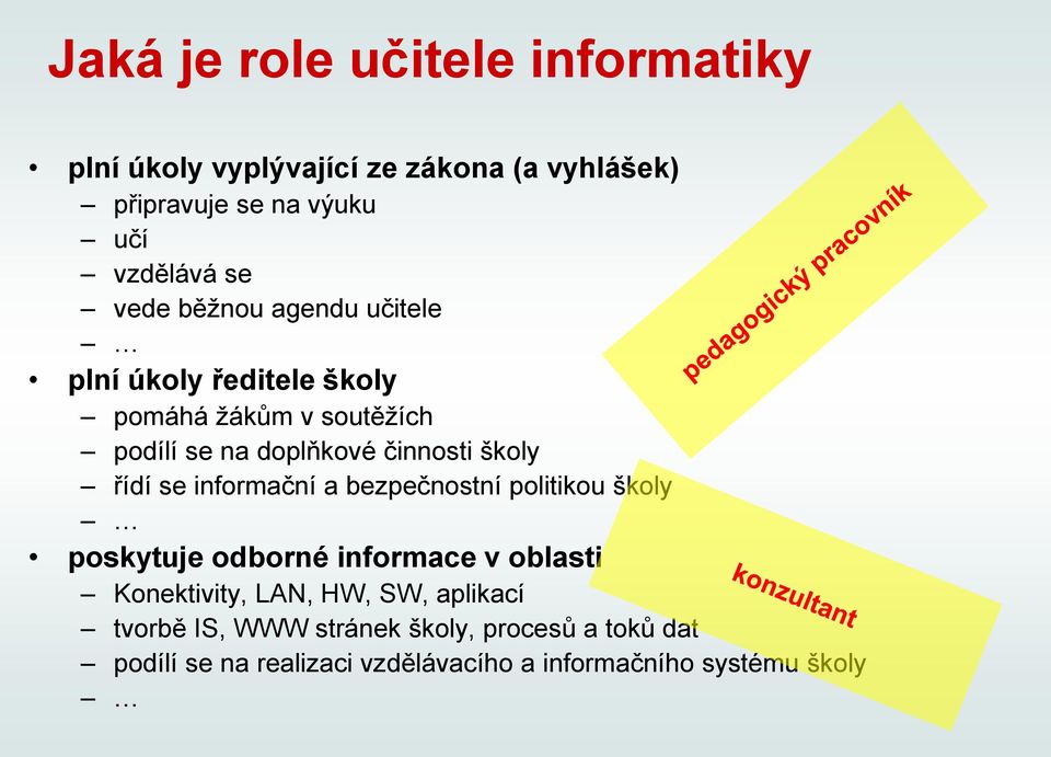 řídí se informační a bezpečnostní politikou školy poskytuje odborné informace v oblasti Konektivity, LAN, HW, SW,