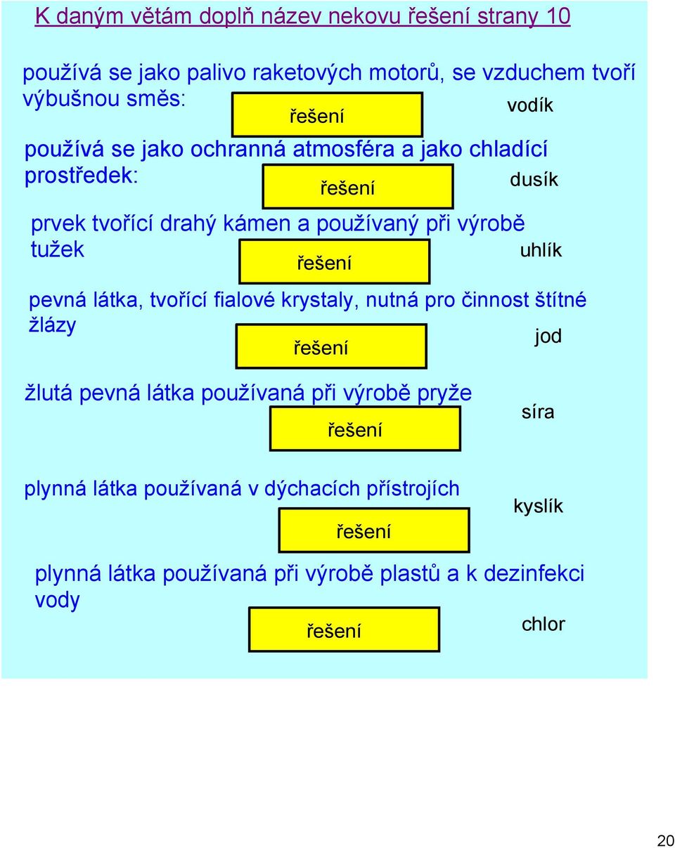 uhlík pevná látka, tvořící fialové krystaly, nutná pro činnost štítné žlázy jod žlutá pevná látka používaná při výrobě pryže