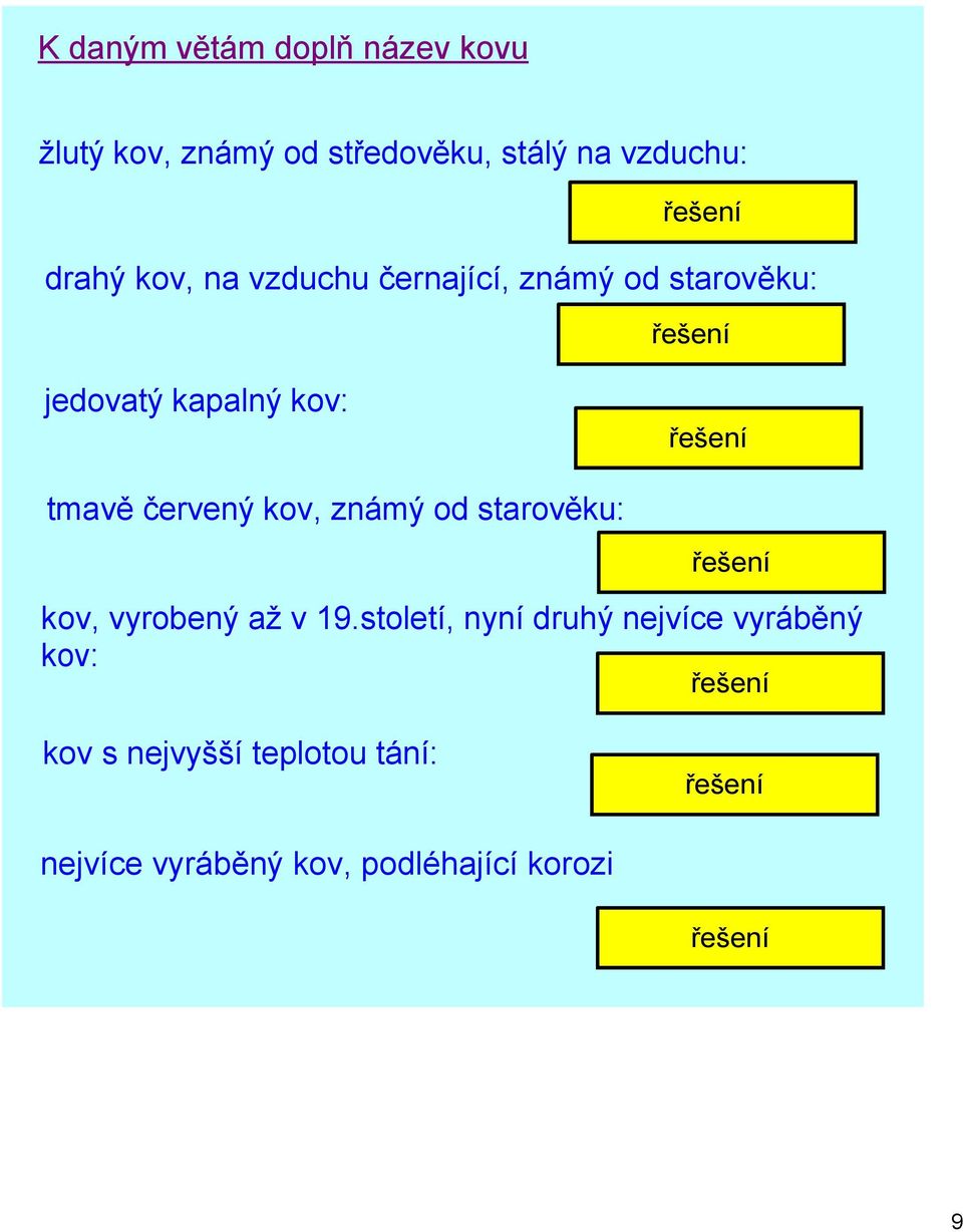 červený kov, známý od starověku: měď kov, vyrobený až v 19.