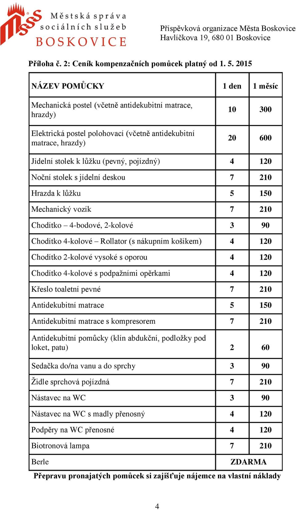 (pevný, pojízdný) 4 120 Noční stolek s jídelní deskou 7 210 Hrazda k lůžku 5 150 Mechanický vozík 7 210 Chodítko 4-bodové, 2-kolové 3 90 Chodítko 4-kolové Rollator (s nákupním košíkem) 4 120 Chodítko