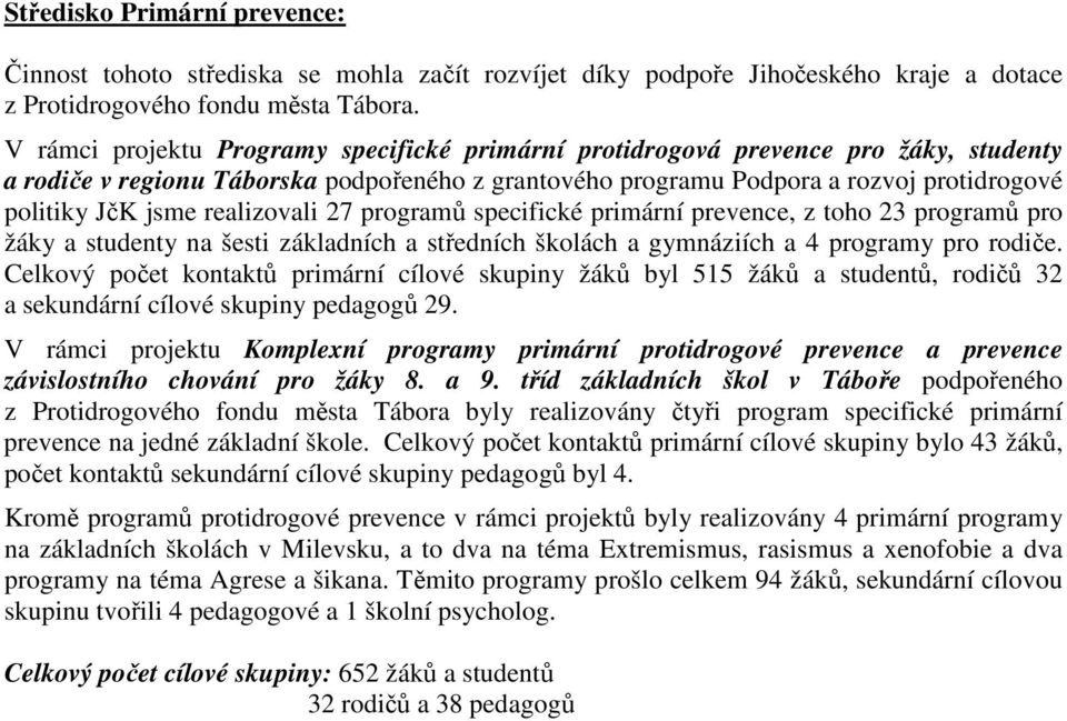 realizovali 27 programů specifické primární prevence, z toho 23 programů pro žáky a studenty na šesti základních a středních školách a gymnáziích a 4 programy pro rodiče.