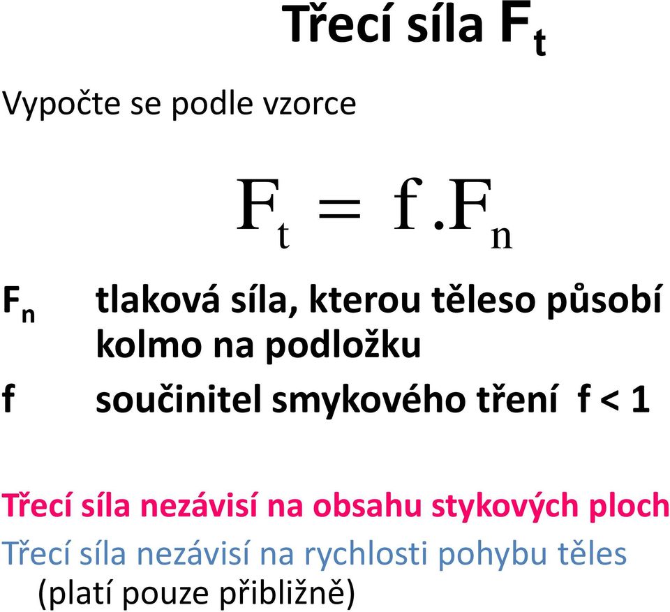 součinitel smykového tření f < 1 Třecí síla nezávisí na obsahu