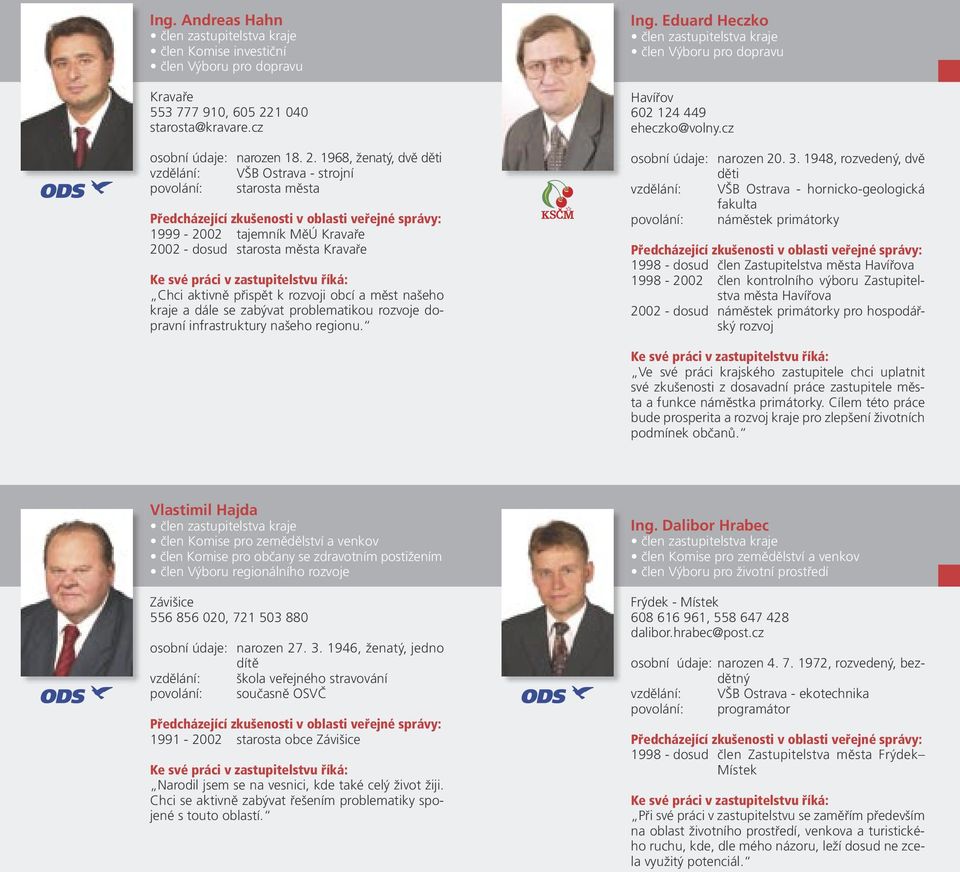 1968, ženatý, dvě děti vzdělání: VŠB - strojní povolání: starosta města 1999-2002 tajemník MěÚ Kravaře 2002 - dosud starosta města Kravaře Chci aktivně přispět k rozvoji obcí a měst našeho kraje a