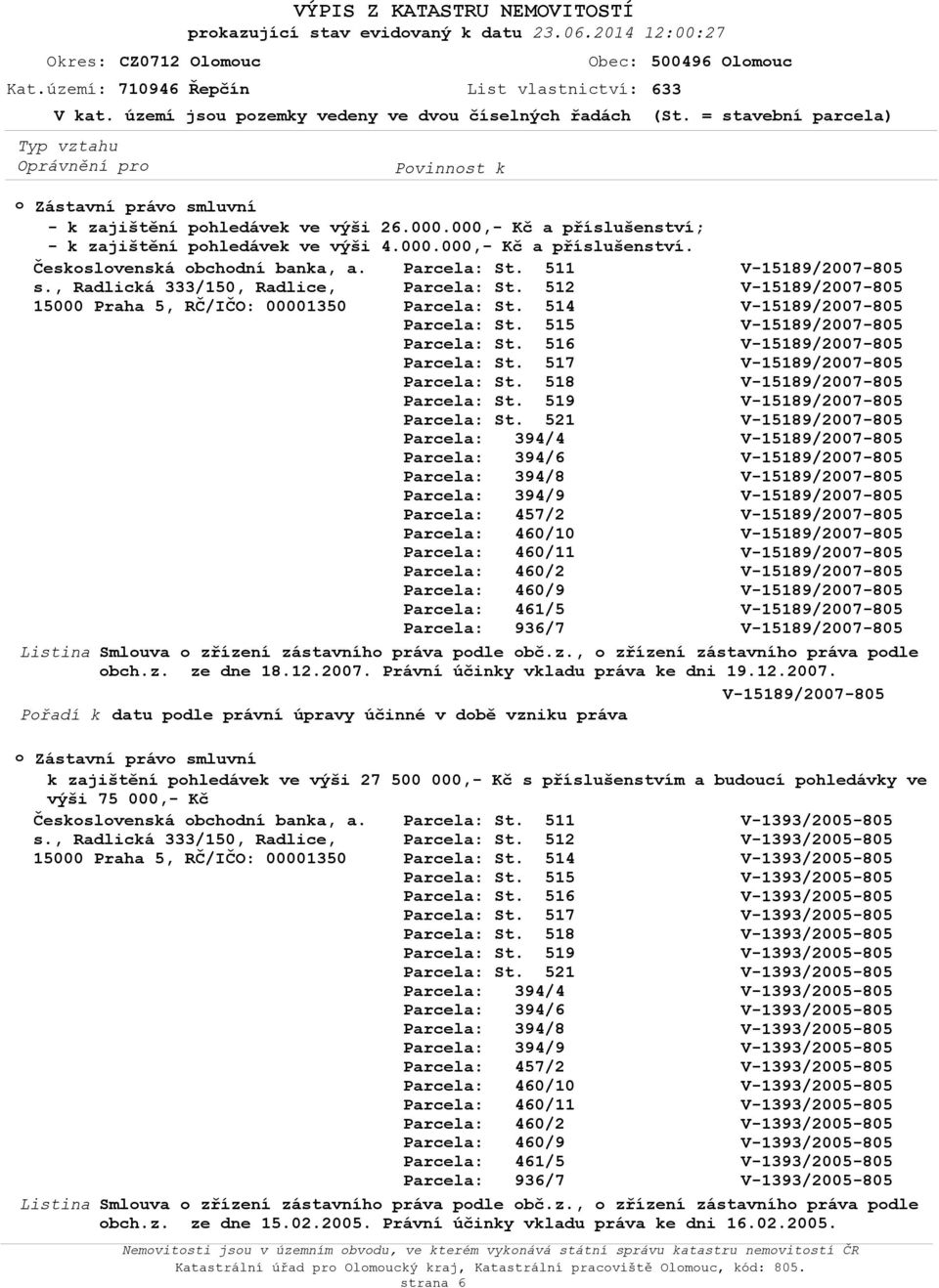 s., Radlická 333/150, Radlice, 15000 Praha 5, RČ/IČO: 00001350 Smluva zřízení zástavníh práva pdle bč.z., zřízení zástavníh práva pdle bch.z. ze dne 18.12.2007. Právní účinky vkladu práva ke dni 19.